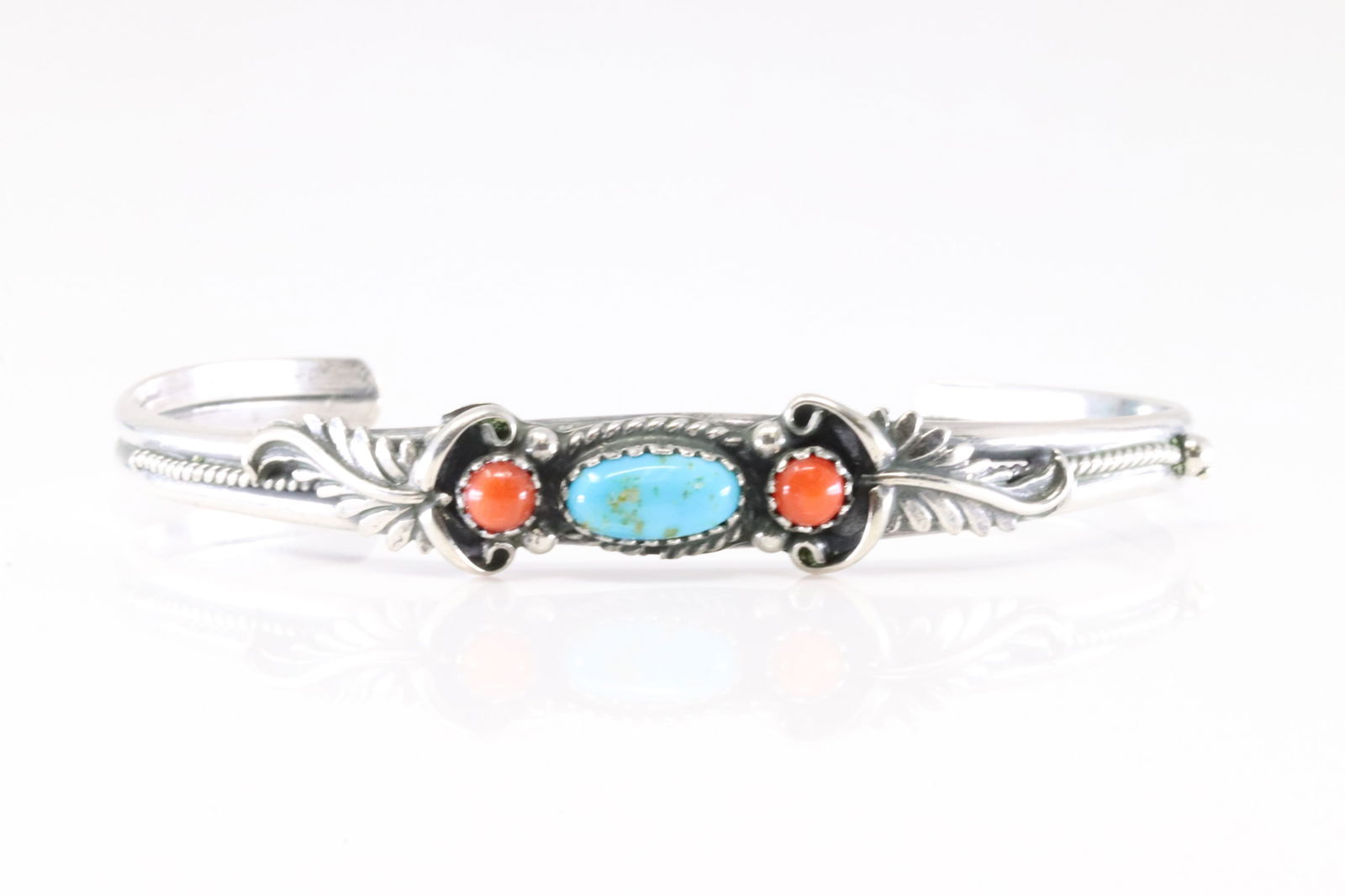 America Sterling Silver Coral & Turquoise Bracelet Cuff.: This is a America Sterling Silver Coral & Turquoise Bracelet Cuff.