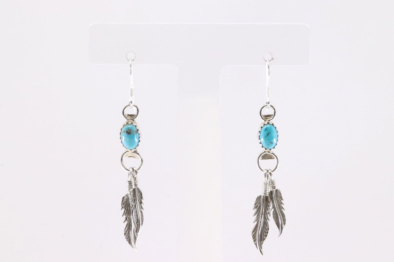 America Sterling Silver Turquoise Dangling Feather Earring's. (1 of 4)
