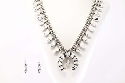 Native America Navajo Sterling Silver White Buffalo Squash Necklace & Earring's Set By T.