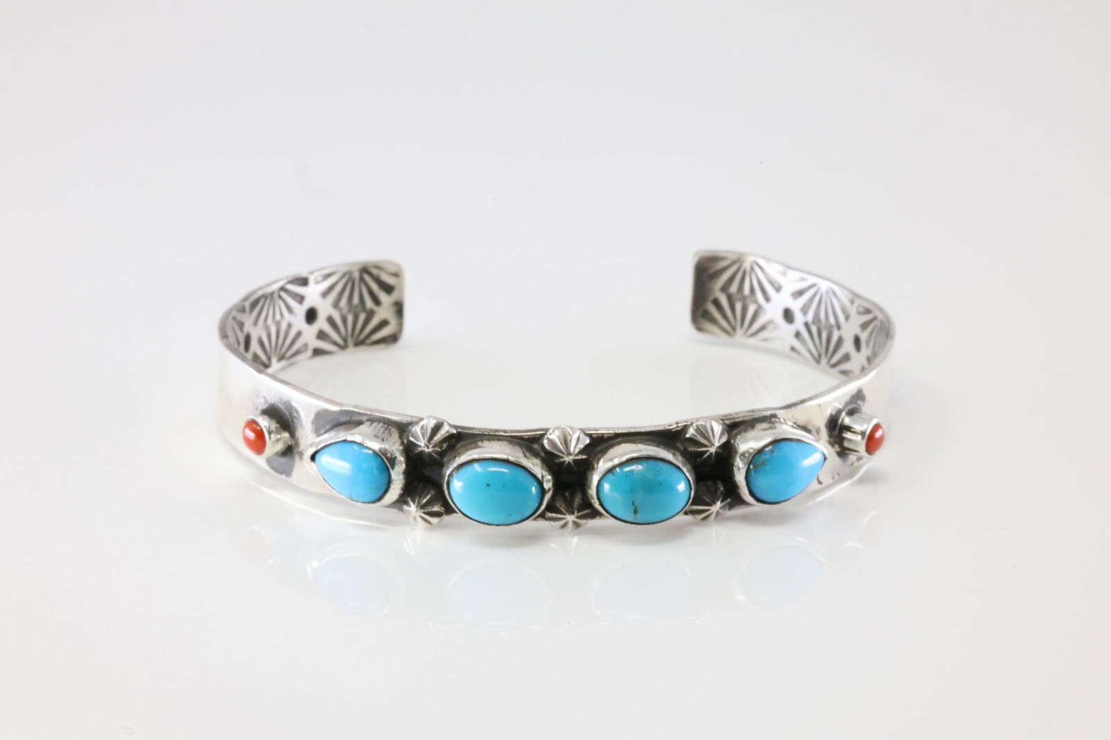 Native America Navajo Sterling Silver Coral & Turquoise Bracelet Cuff By AY. (1 of 4)