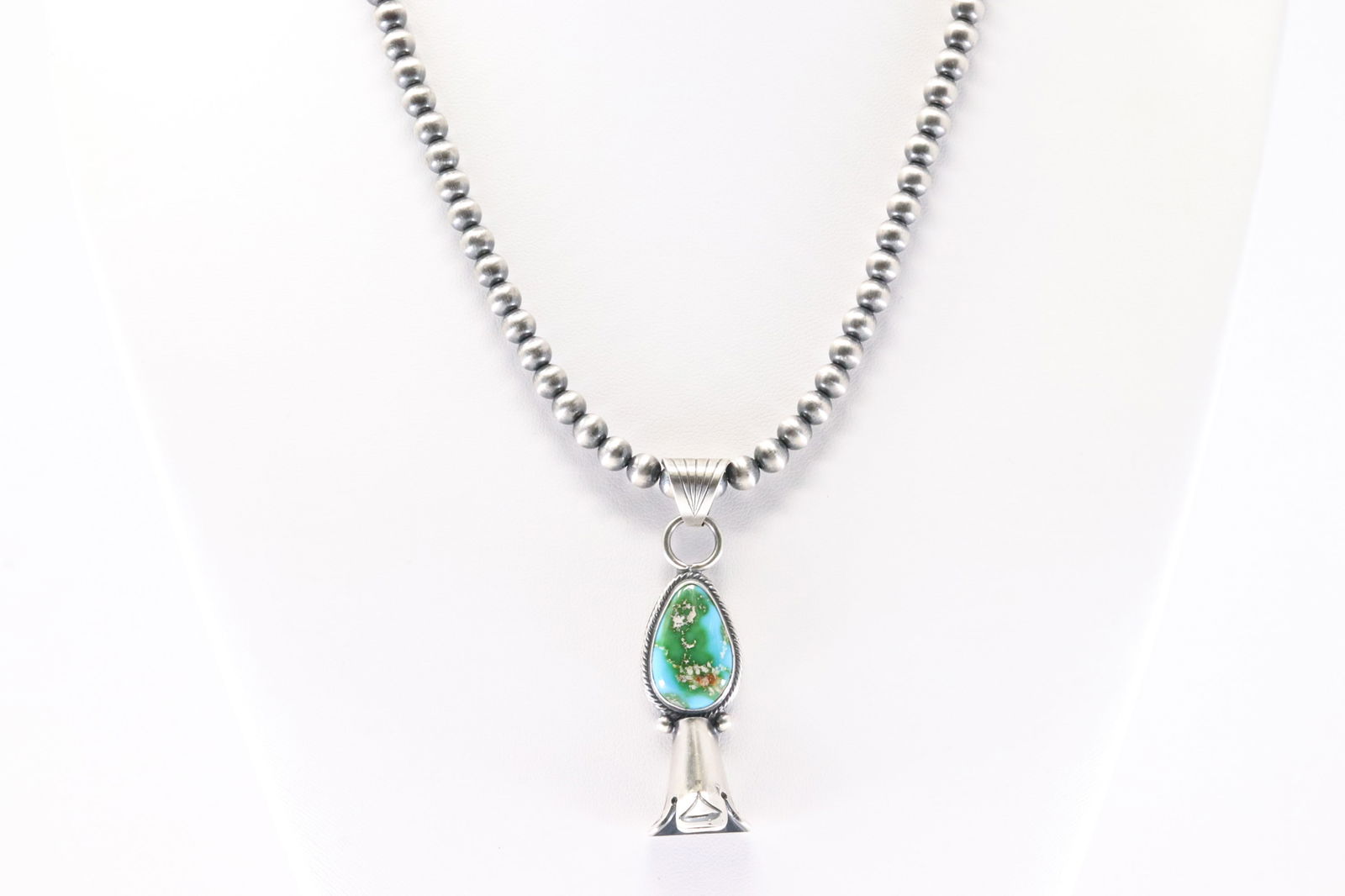 America Sterling Silver Sonora Gold Turquoise Blossom Pendant. With Pearl Beaded Sterling Silver: This is a America Sterling Silver Sonora Gold Turquoise Blossom Pendant. With Pearl Beaded Sterling Silver Machine Made Necklace. Necklace length: 16.00"