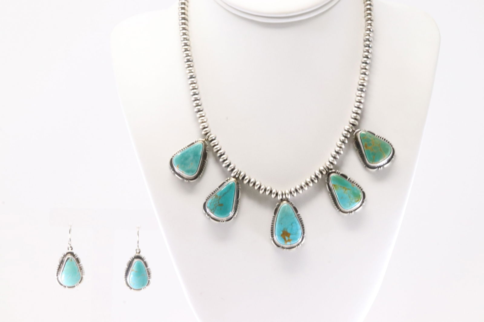 Native America Navajo Sterling Silver Turquoise Necklace & Earring's Set By N.J. (1 of 6)