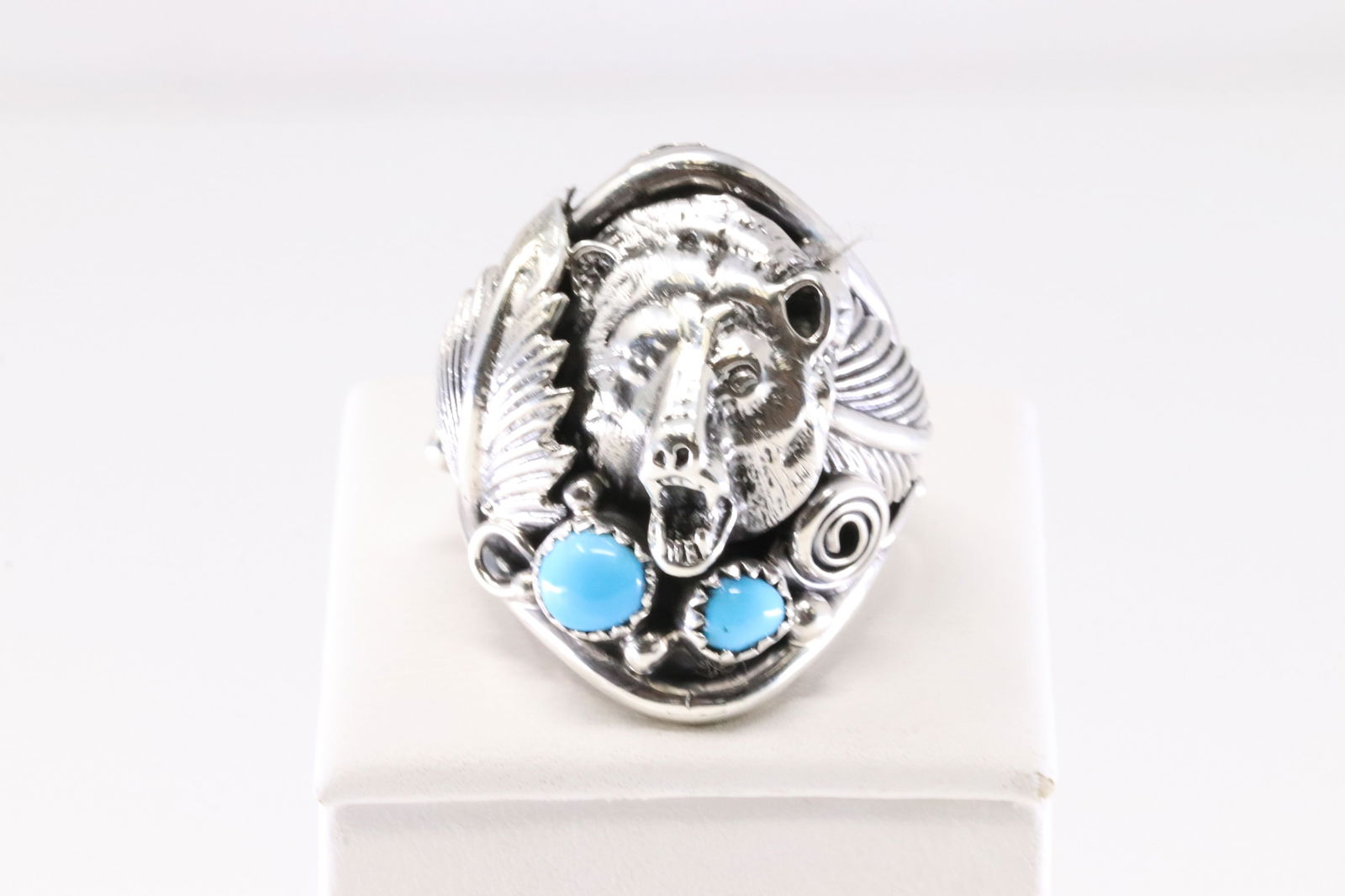 Native America Navajo Sterling Silver Turquoise Bear Casted Ring By Darrell Morgan. (1 of 4)