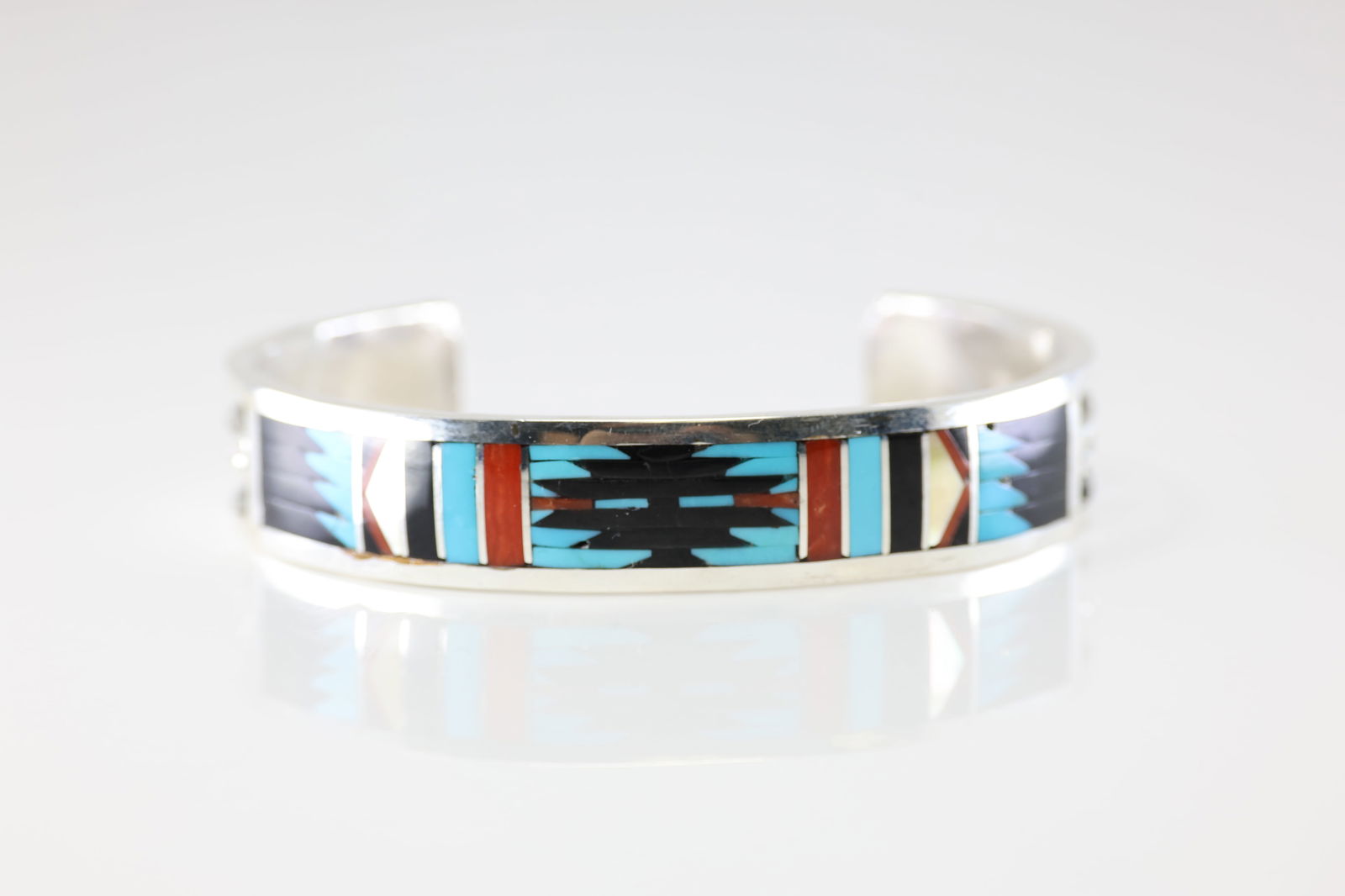 Native America Zuni Sterling Silver Multicolor Bracelet Cuff By C. Dishta. (1 of 4)