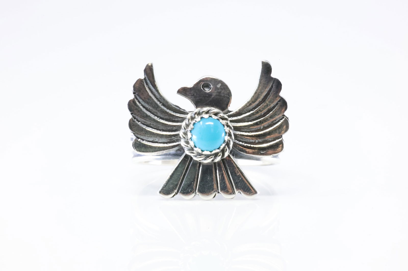 Native America Navajo Sterling Silver Turquoise Thunderbird Ring By Delayne Reeves.: This is a Native America Navajo Sterling Silver Turquoise Thunderbird Ring By Delayne Reeves. Stamp Delayne Reeves. Ring Size: 10.50.