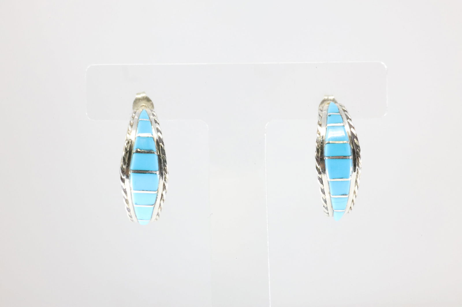 Native America Zuni Sterling Silver Turquoise Inlay Post Earring's By Malcolm Chavez.: This is a Native America Zuni Sterling Silver Turquoise Inlay Post Earring's By Malcolm Chavez. Stamp MC.