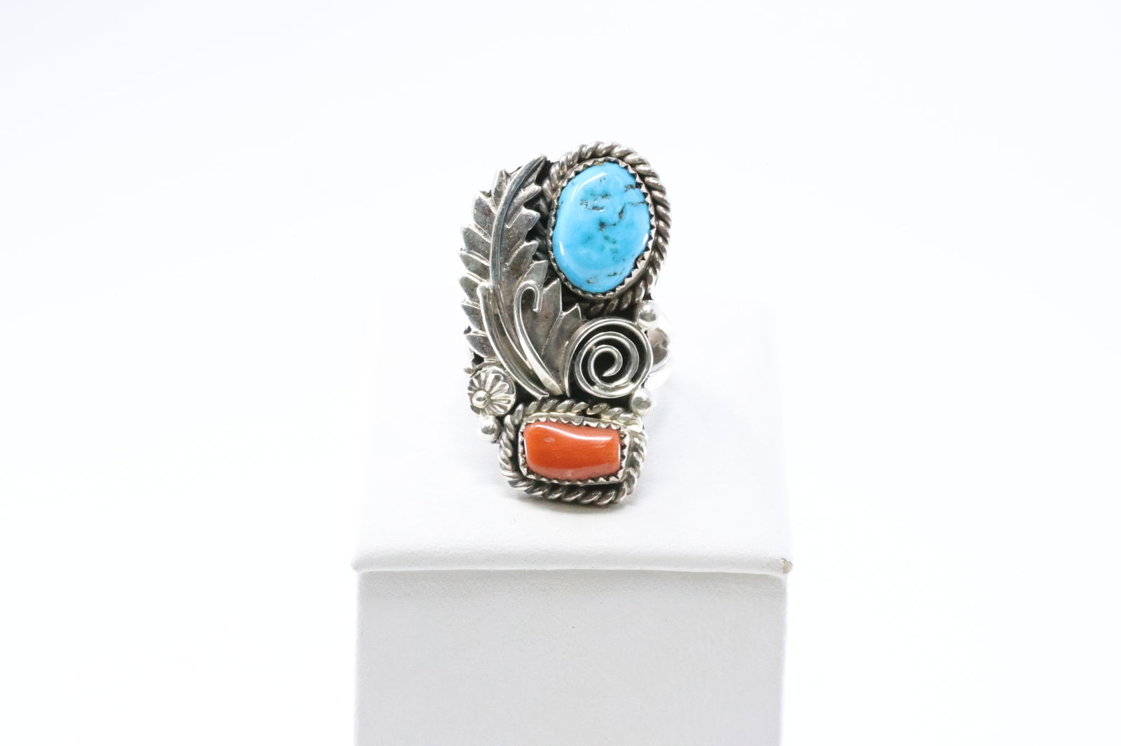 America Sterling Silver Coral & Turquoise Feather Ring.: This is a America Sterling Silver Coral & Turquoise Feather Ring. Ring Size: 7.00.