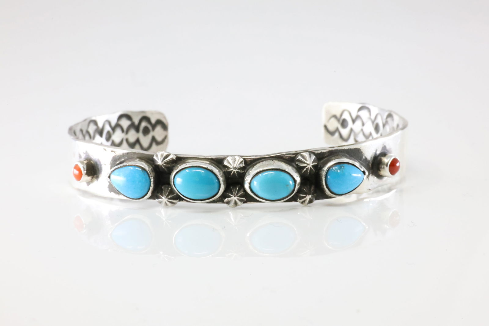 Native America Navajo Sterling Silver Coral & Turquoise Bracelet Cuff By AY. (1 of 4)