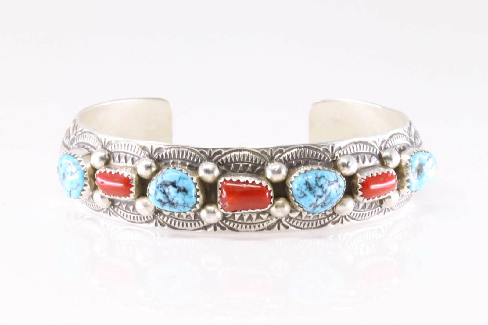 Native America Navajo Sterling Silver Coral & Turquoise Bracelet Cuff By Grace Silver. (1 of 4)