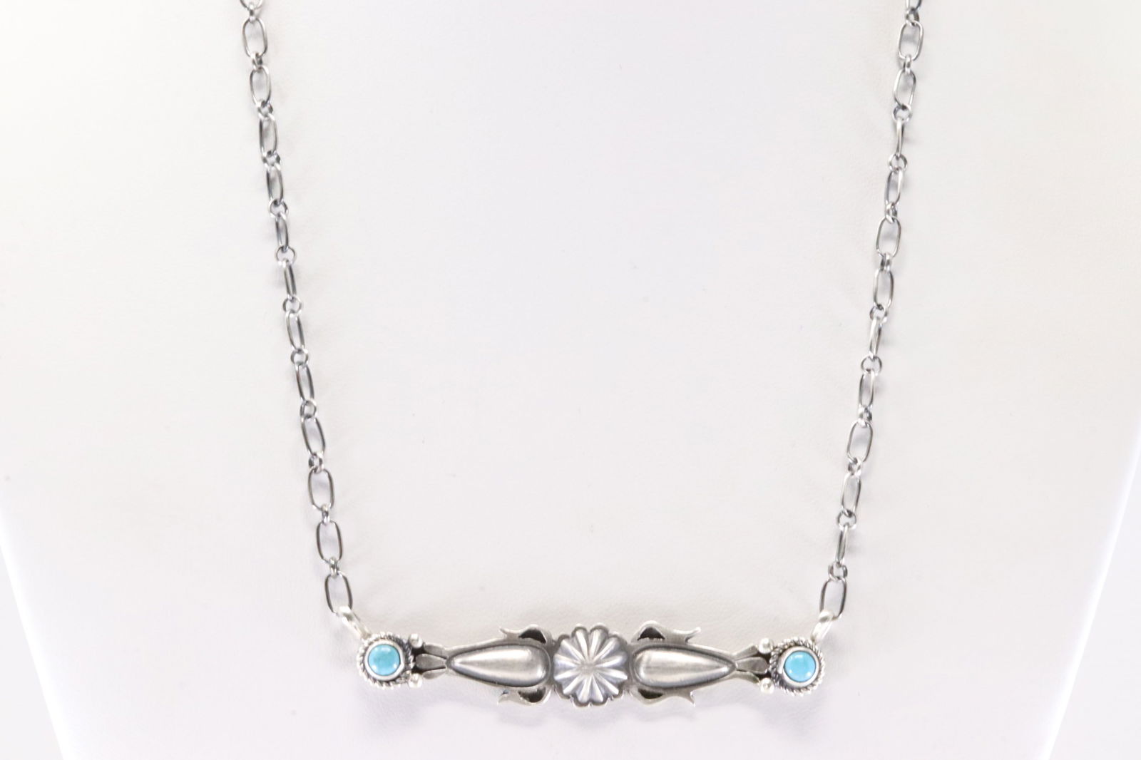 Native America Navajo Sterling Silver Turquoise Necklace By Marita Benally. From R.B Company.: This is a Native America Navajo Sterling Silver Turquoise Necklace By Marita Benally. From R.B Company. Stamp By R.B Company. Necklace Length: 16.00.