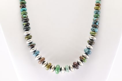 America Sterling Silver Turquoise Pearl Beaded Necklace.