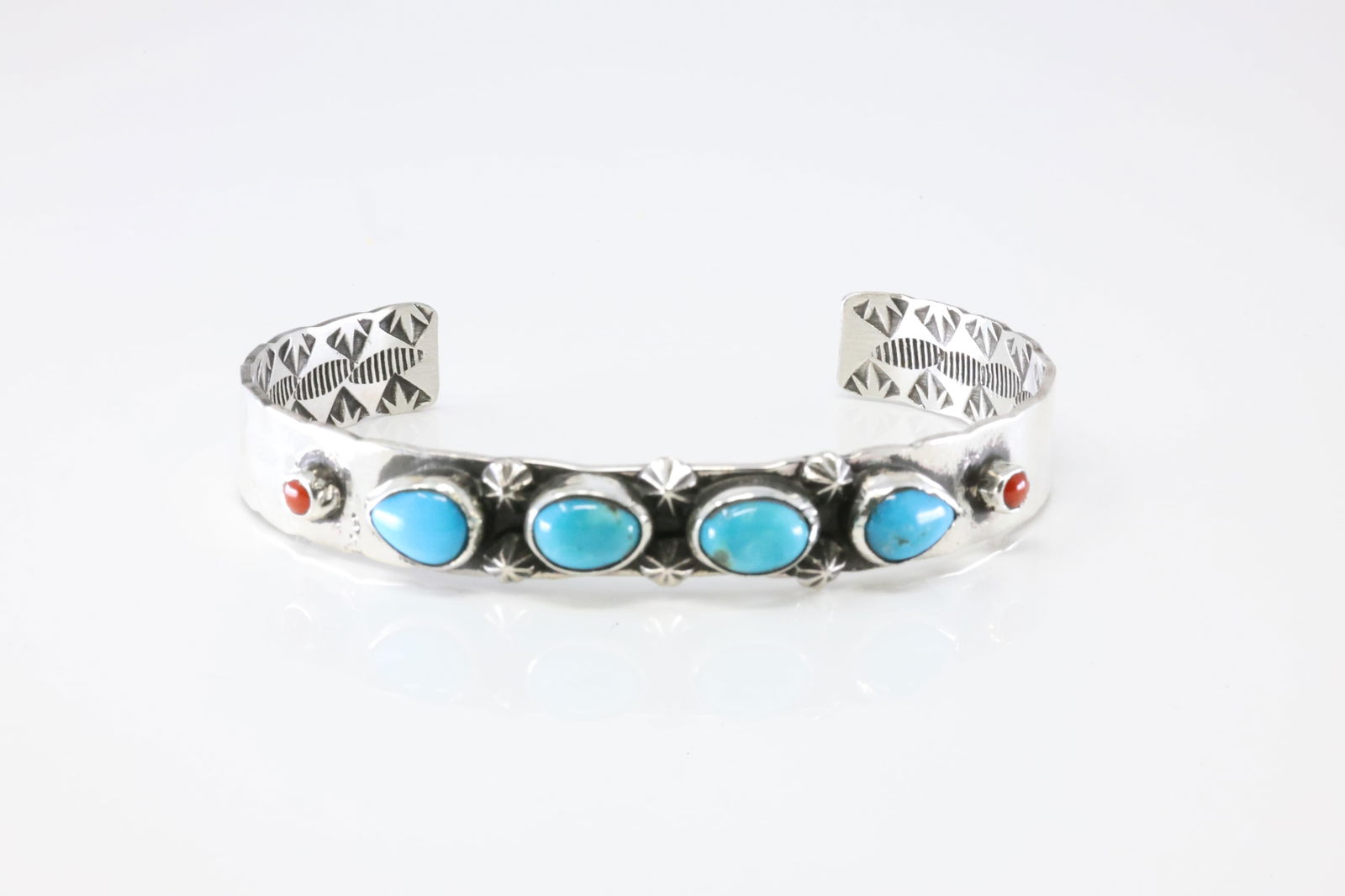 Native America Navajo Sterling Silver Coral & Turquoise Bracelet Cuff By AY. (1 of 4)