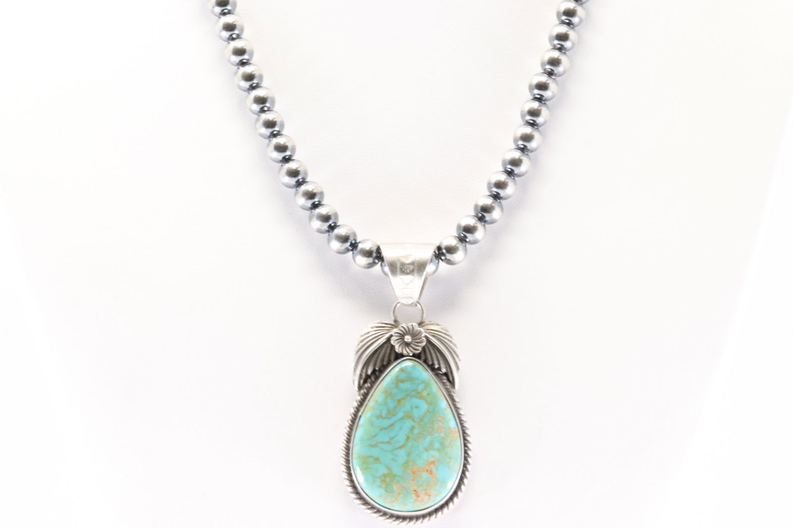 Native America Navajo Sterling Silver Kingman Turquoise Pendant By Jimson Belin. With Pearl Beaded (1 of 4)