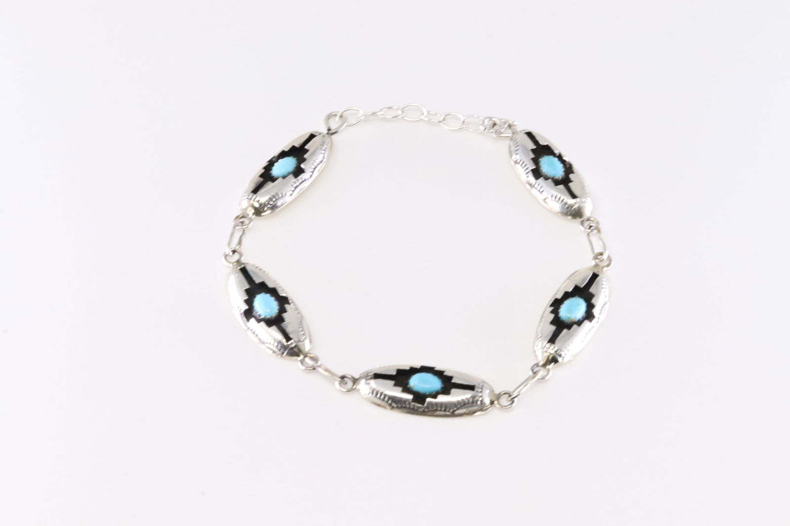 Native America Navajo Sterling Silver Turquoise Bracelet Link By Felix Perry. From Company C.: This is a Native America Navajo Sterling Silver Turquoise Bracelet Link By Felix Perry. From Company C. Stamp C & P. Bracelet Length: 16.00.