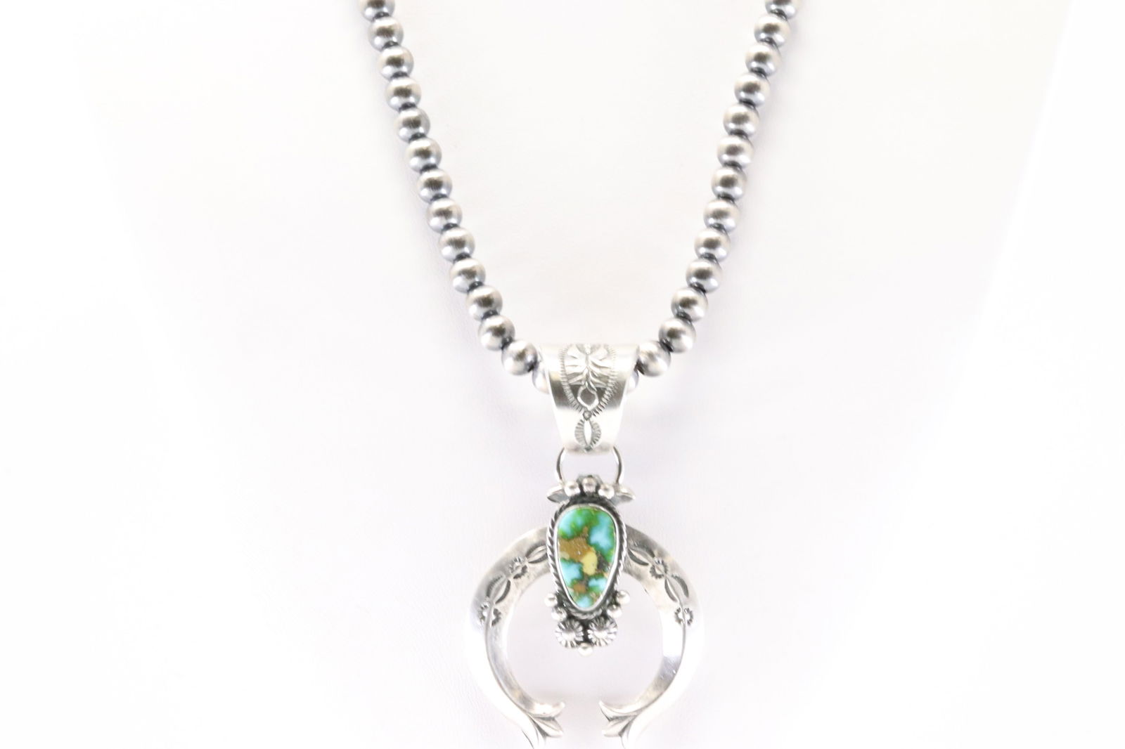 Native America Navajo Sterling Silver Sonora Gold Turquoise Naja Pendant By Samuel Yellowhair. With: This is a Native America Navajo Sterling Silver Sonora Gold Turquoise Naja Pendant By Samuel Yellowhair. With Pearl Beaded Sterling Silver Machine Made Necklace. Necklace length: 18.00"