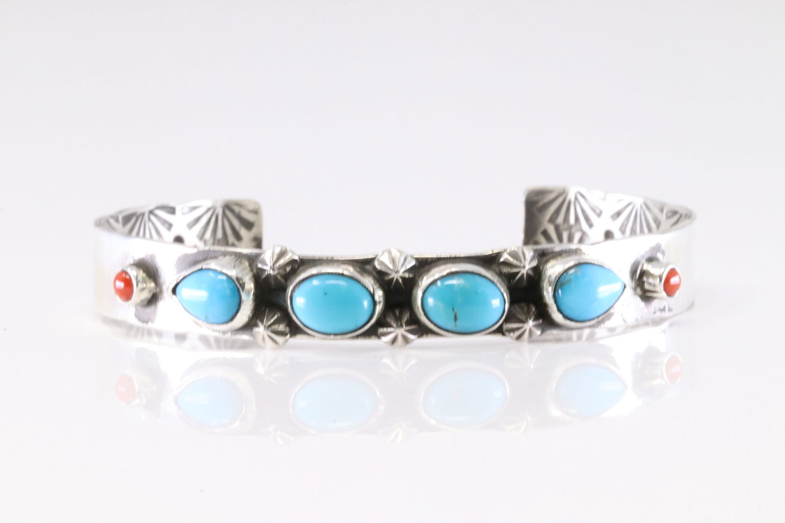 Native America Navajo Sterling Silver Coral & Turquoise Bracelet Cuff By AY.: This is a Native America Navajo Sterling Silver Coral & Turquoise Bracelet Cuff By AY. Stamp AY.