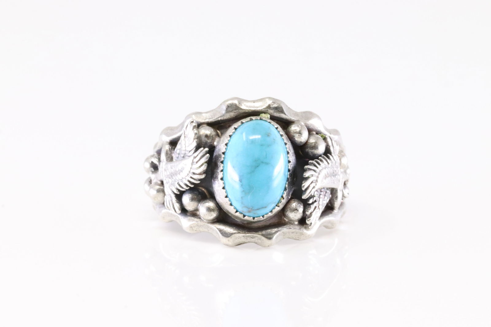 Native America Navajo Sterling Silver Turquoise Eagle Ring By Genevieve Francisco.: This is a Native America Navajo Sterling Silver Turquoise Eagle Ring By Genevieve Francisco. Stamp From R.B. Ring size: 11.25.