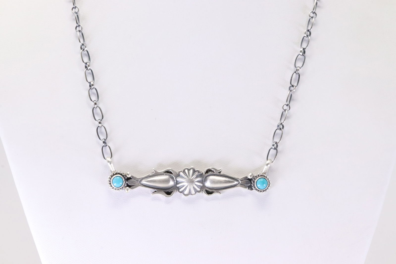 Native America Navajo Sterling Silver Turquoise Necklace By Marita Benally. From R.B Company.: This is a Native America Navajo Sterling Silver Turquoise Necklace By Marita Benally. From R.B Company. Stamp By R.B Company. Necklace Length: 16.00.