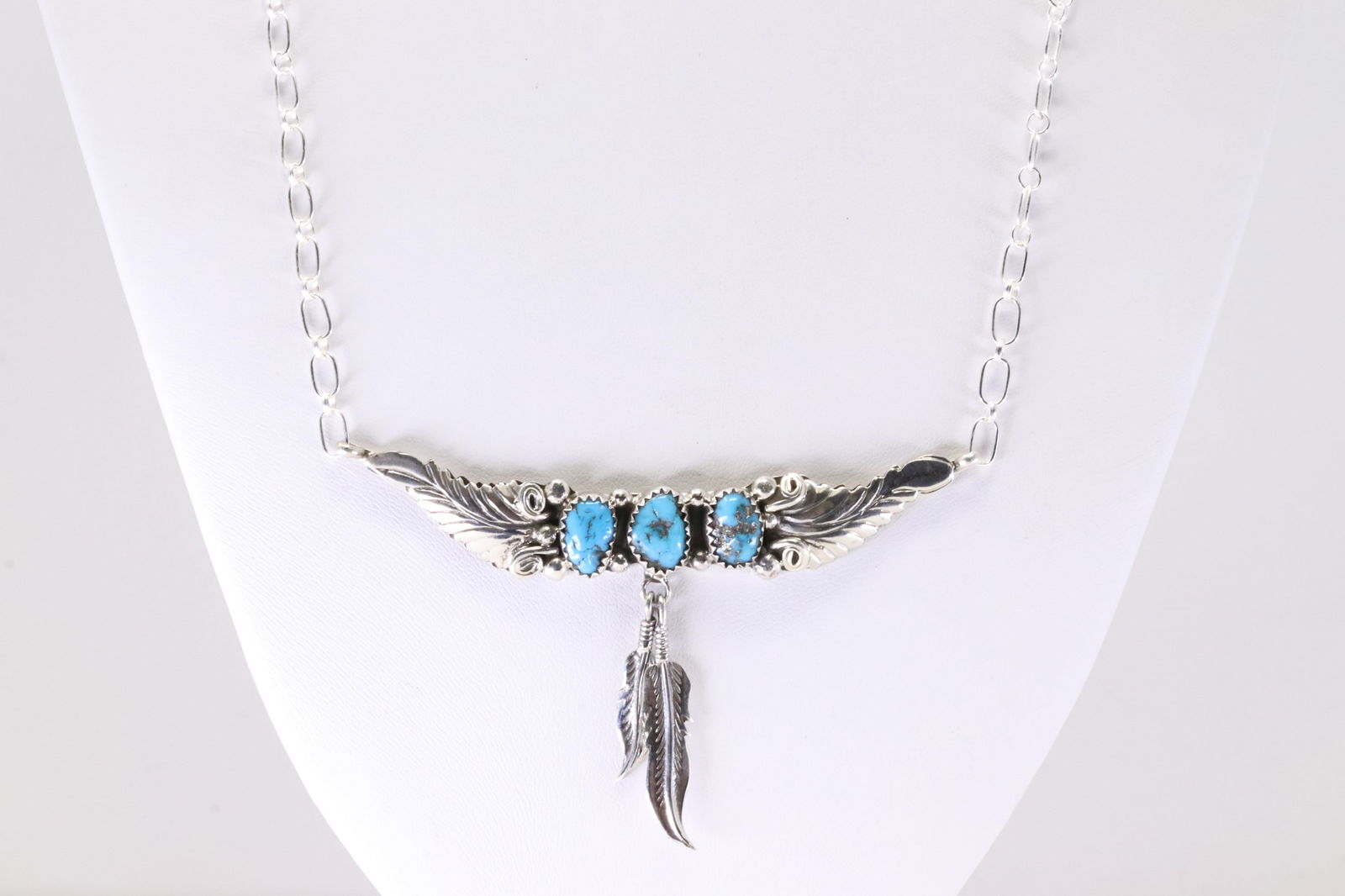 Native America Navajo Sterling Silver Turquoise Feather Necklace By Sadie Jim. From R.B Company. (1 of 4)