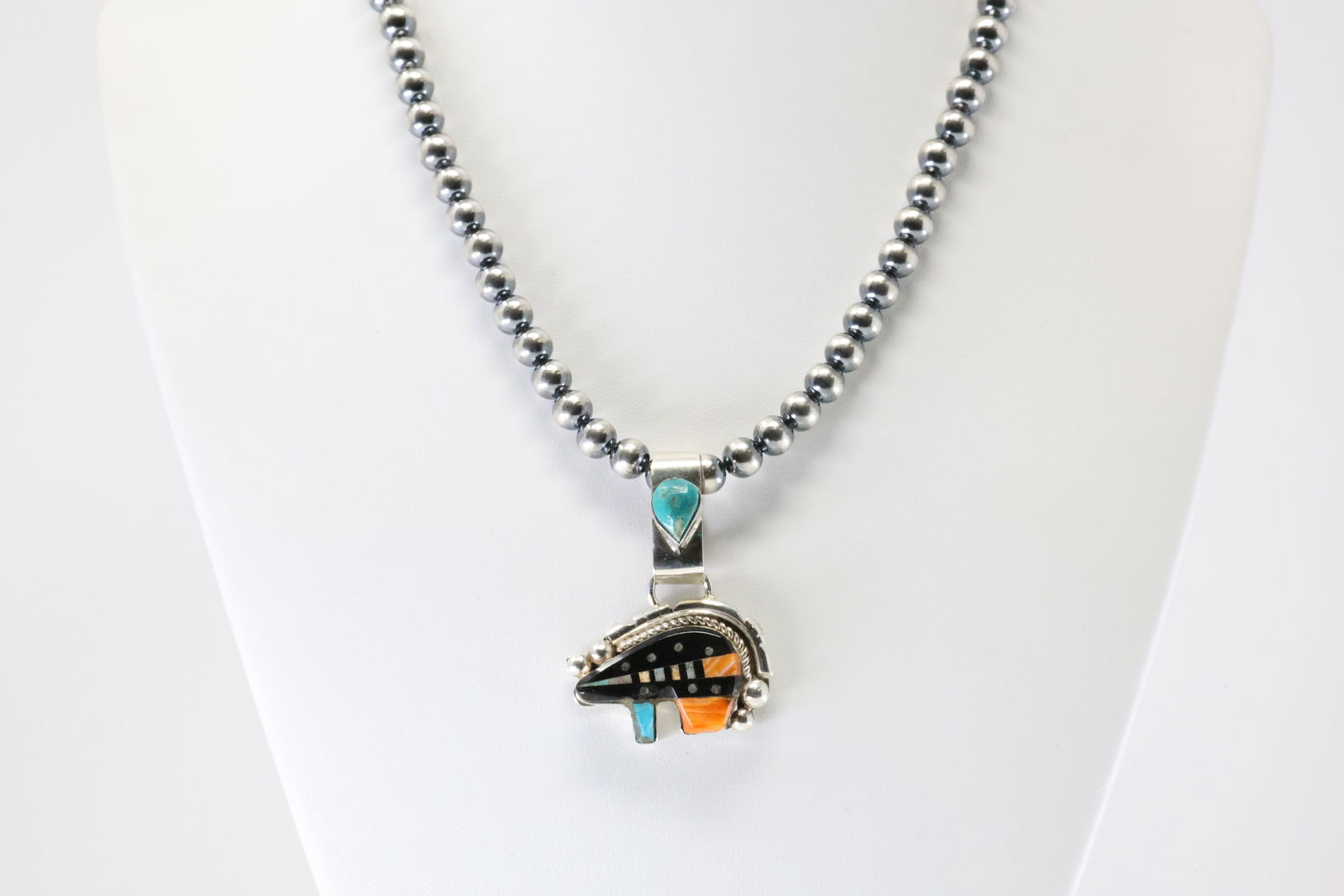 Native America Navajo Sterling Silver Multicolor Bear Pendant By Ray Jack With Machine Made (1 of 4)