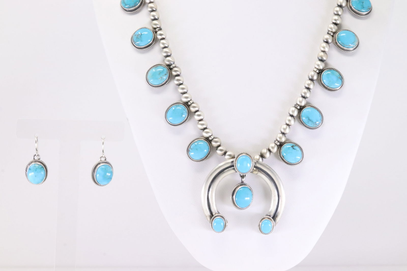 Native America Navajo Sterling Silver Turquoise Necklace & Earring's Set By T.: This is a Native America Navajo Sterling Silver Turquoise Necklace & Earring's Set By T. Stamp T. Necklace Length: 24.00.