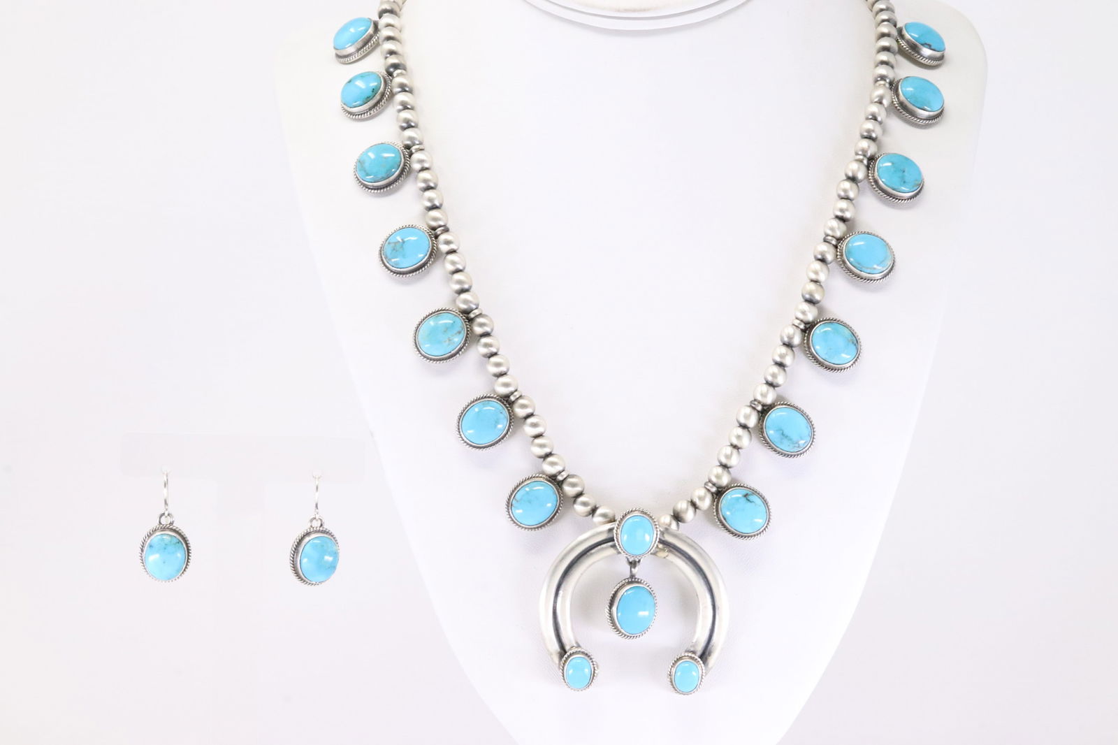 Native America Navajo Sterling Silver Turquoise Necklace & Earring's Set By T. - 2