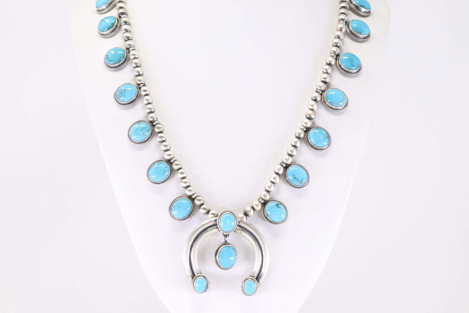 Native America Navajo Sterling Silver Turquoise Necklace & Earring's Set By T. - 4