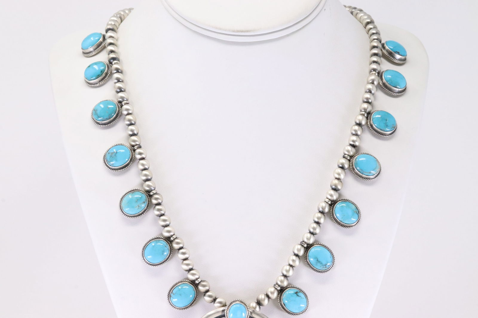 Native America Navajo Sterling Silver Turquoise Necklace & Earring's Set By T. - 5