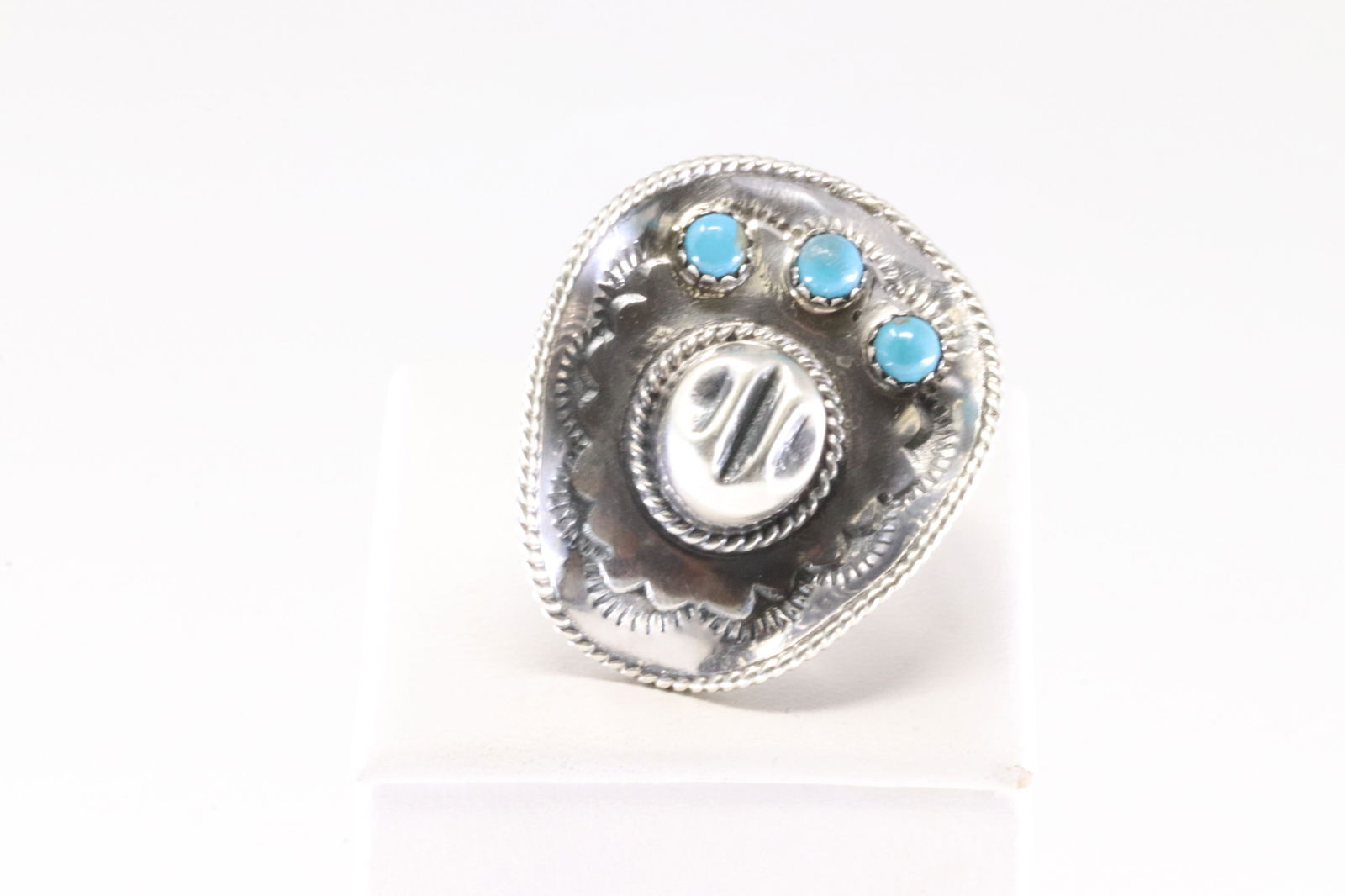 Native America Navajo Sterling Silver Turquoise Cowboy Hat Ring By Bobby Platero. From R.B Company.: This is a Native America Navajo Sterling Silver Turquoise Cowboy Hat Ring By Bobby Platero. From R.B Company. Stamp By R.B Company. Ring Size: 8.50.