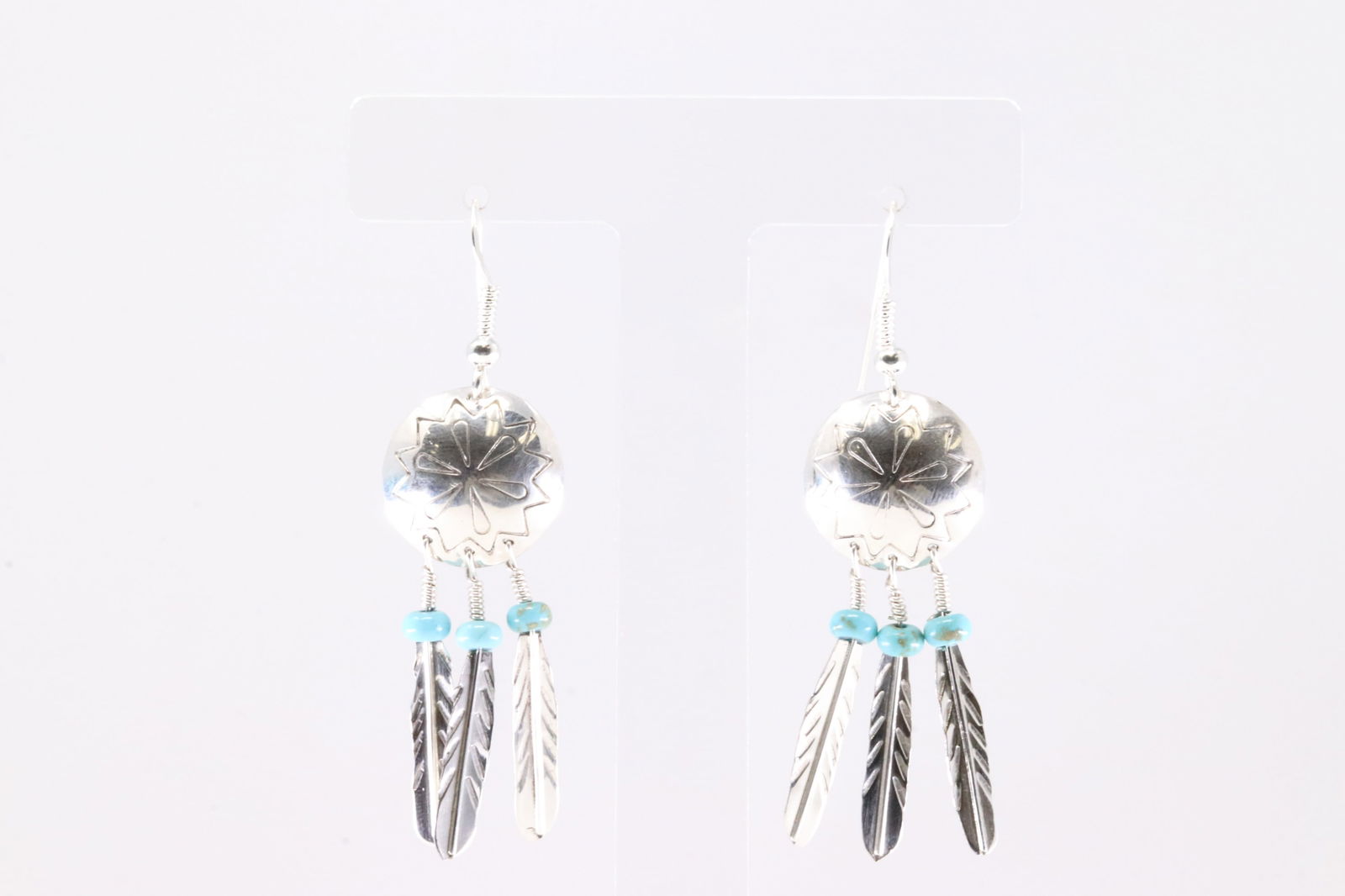 America Sterling Silver Turquoise Feather Dangling Earring's. (1 of 4)