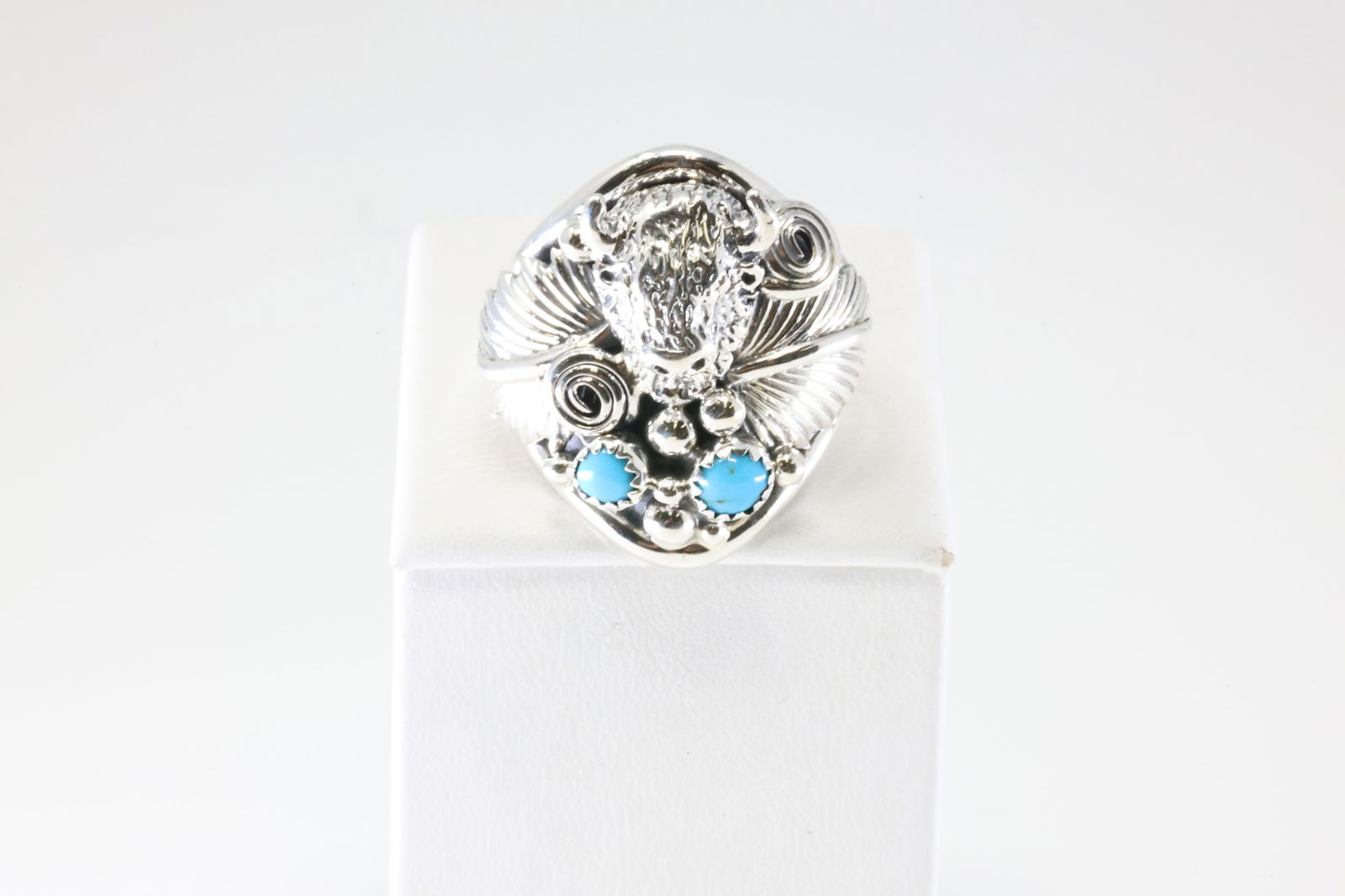 Native America Navajo Sterling Silver Turquoise Bull Ring By Darrell Morgan.: This is a Native America Navajo Sterling Silver Turquoise Bull Ring By Darrell Morgan. Stamp DM. Ring Size: 13.00.
