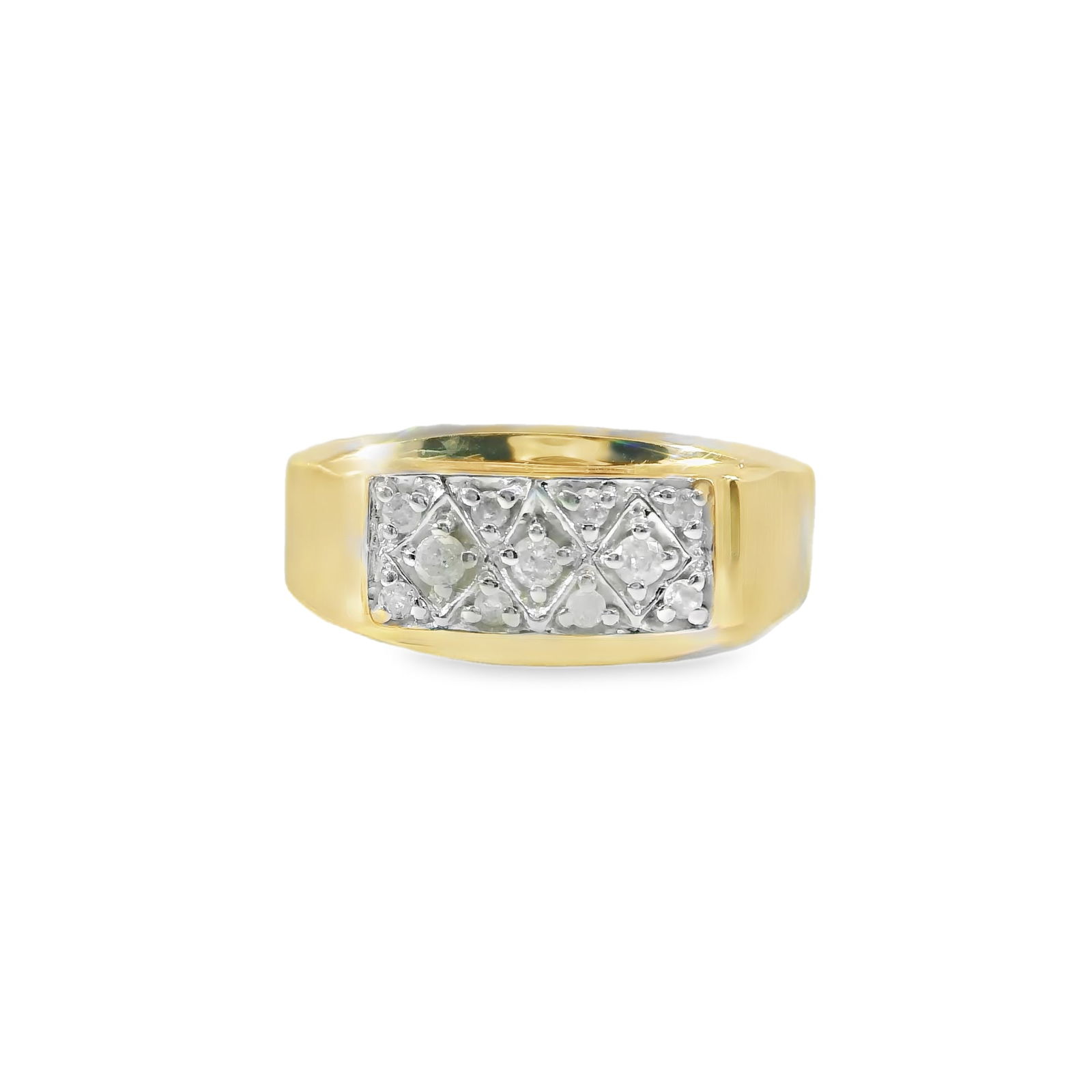 Diamond Ring 10Kt.: 10Kt Yellow Gold Diamond Ring. This exquisite gold ring features a stunning array of diamonds set in an intricate pattern. The luxurious design and 11 sparkling Diamonds make it the perfect accessory