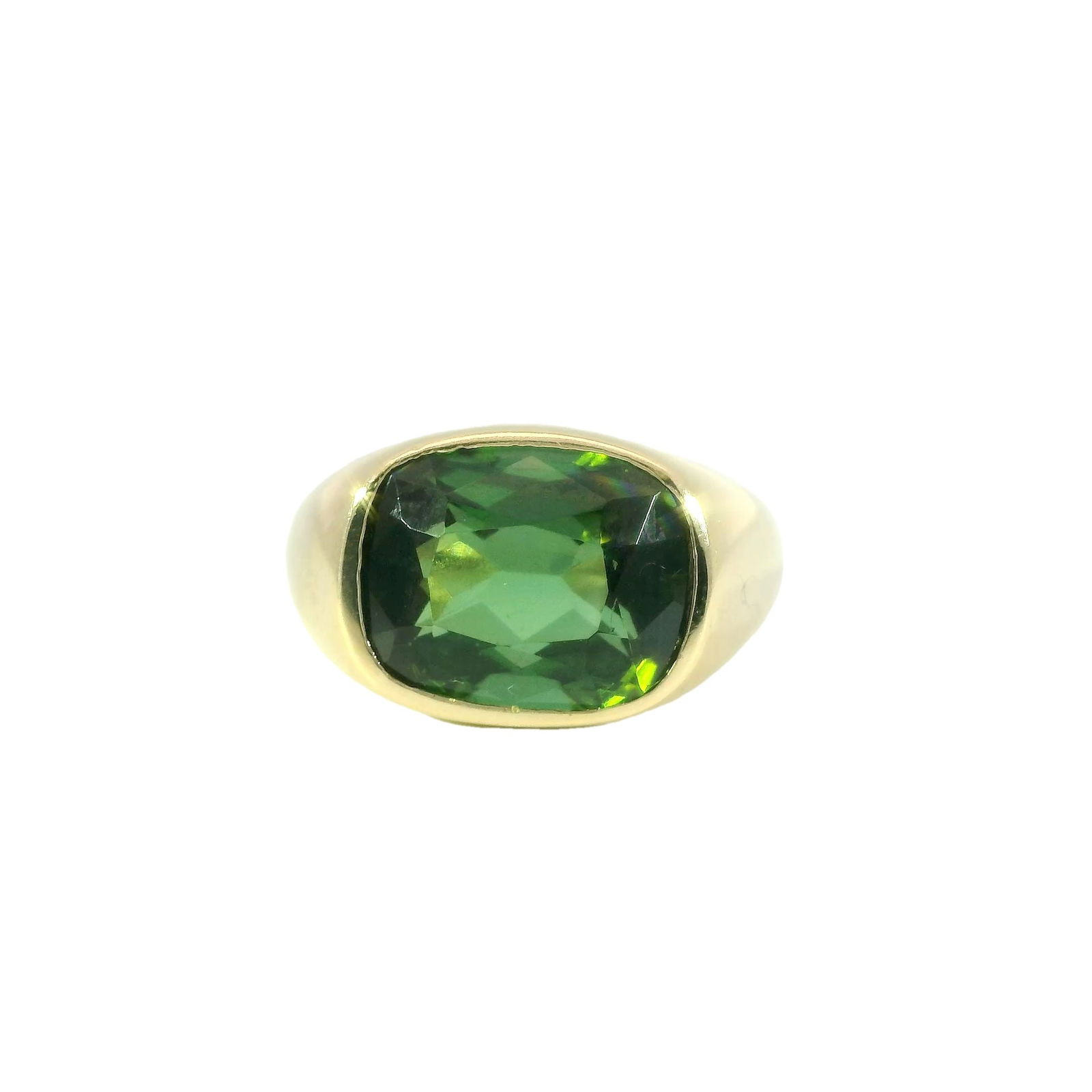 African Tournaline Ring 14Kt.: 14Kt Yellow Gold African Tournaline Ring. This exquisite ring features a stunning green tournaline gemstone set in a sleek, polished band. The vibrant hue of the gem catches the light beautifully, mak