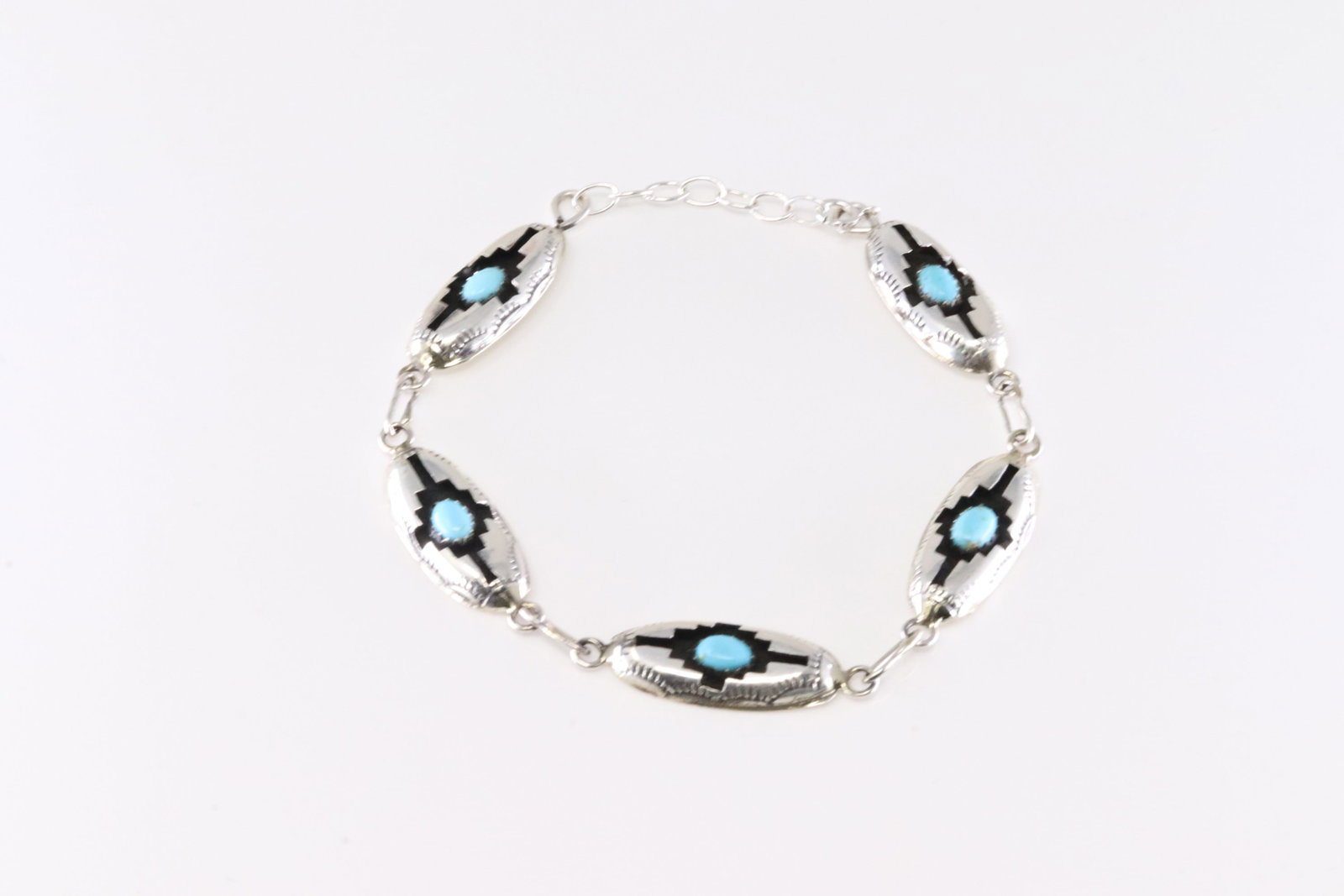 Native America Navajo Sterling Silver Turquoise Bracelet Link By Felix Perry. From Company C.: This is a Native America Navajo Sterling Silver Turquoise Bracelet Link By Felix Perry. From Company C. Stamp C & P. Bracelet Length: 16.00.