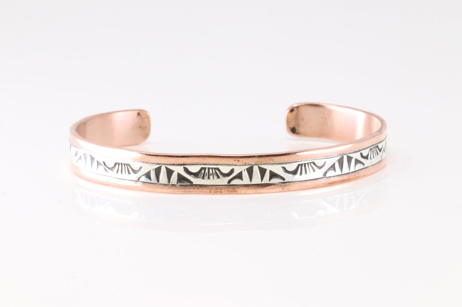 Native America Copper Sterling Silver Stamped Bracelet Cuff By JG.: This is a Native America Copper Sterling Silver Stamped Bracelet Cuff By JG. Stamp JG.