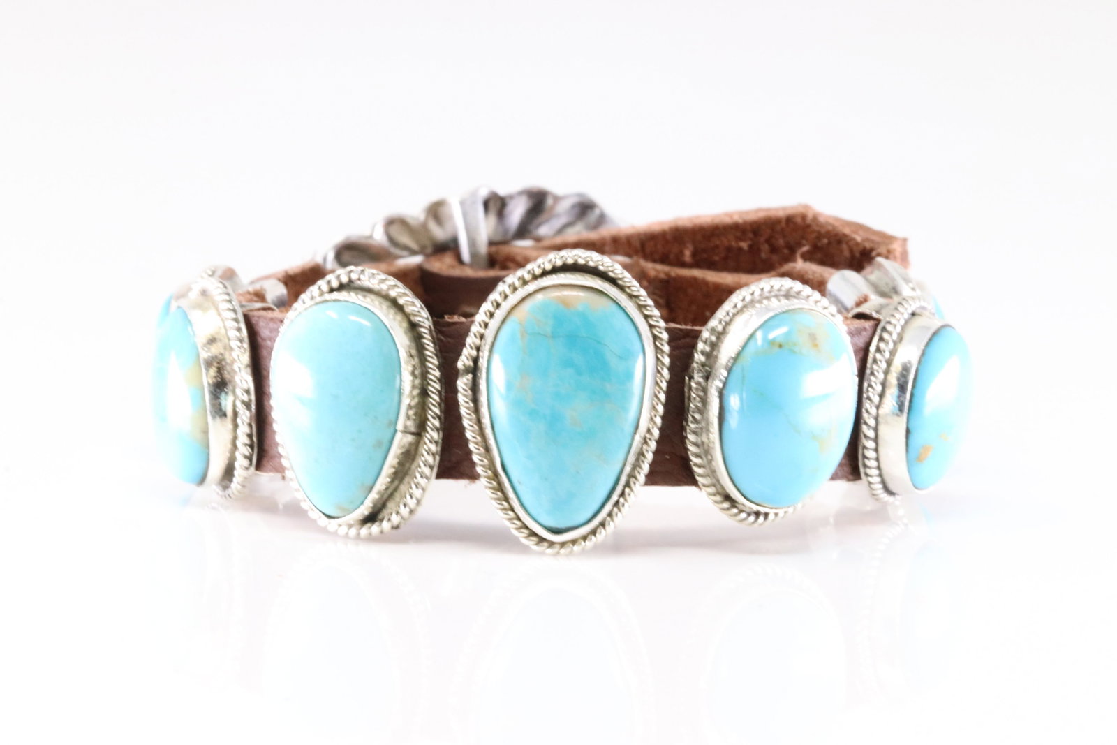 Native America Navajo Sterling Silver Turquoise Leather Bracelet By C.R. (1 of 4)