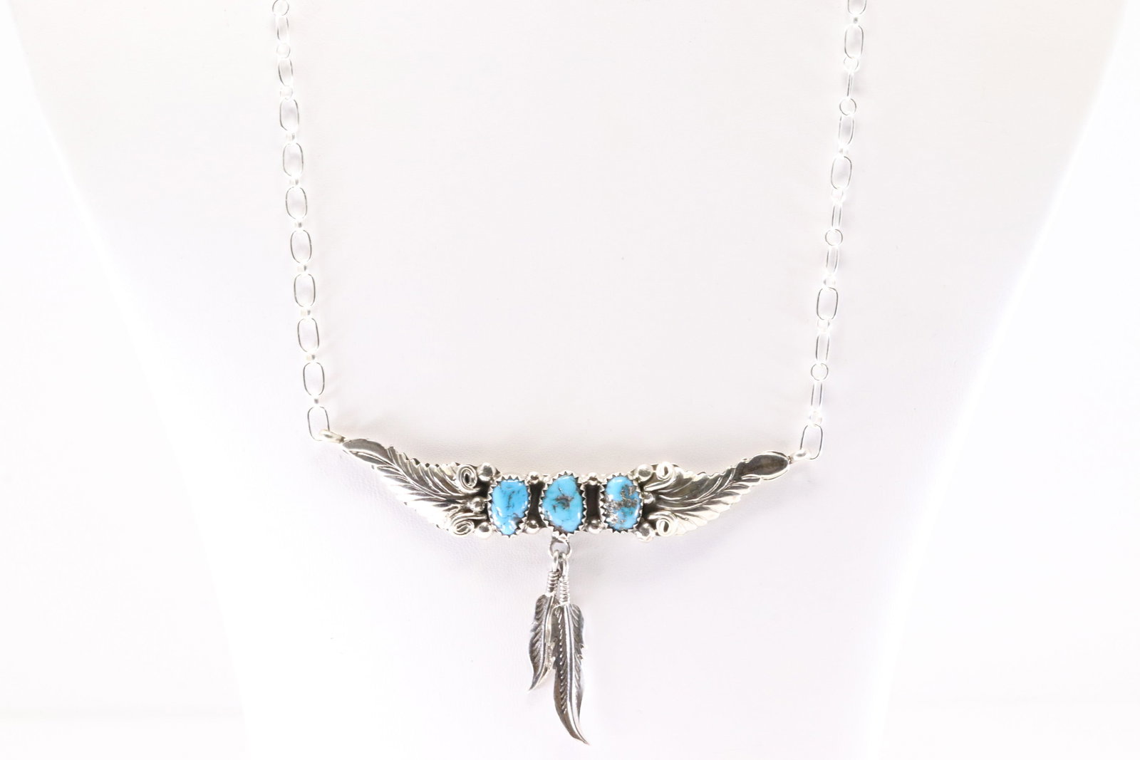 Native America Navajo Sterling Silver Turquoise Feather Necklace By Sadie Jim. From R.B Company.: This is a Native America Navajo Sterling Silver Turquoise Feather Necklace By Sadie Jim. From R.B Company. Stamp By R.B Company. Necklace Length: 18.00.