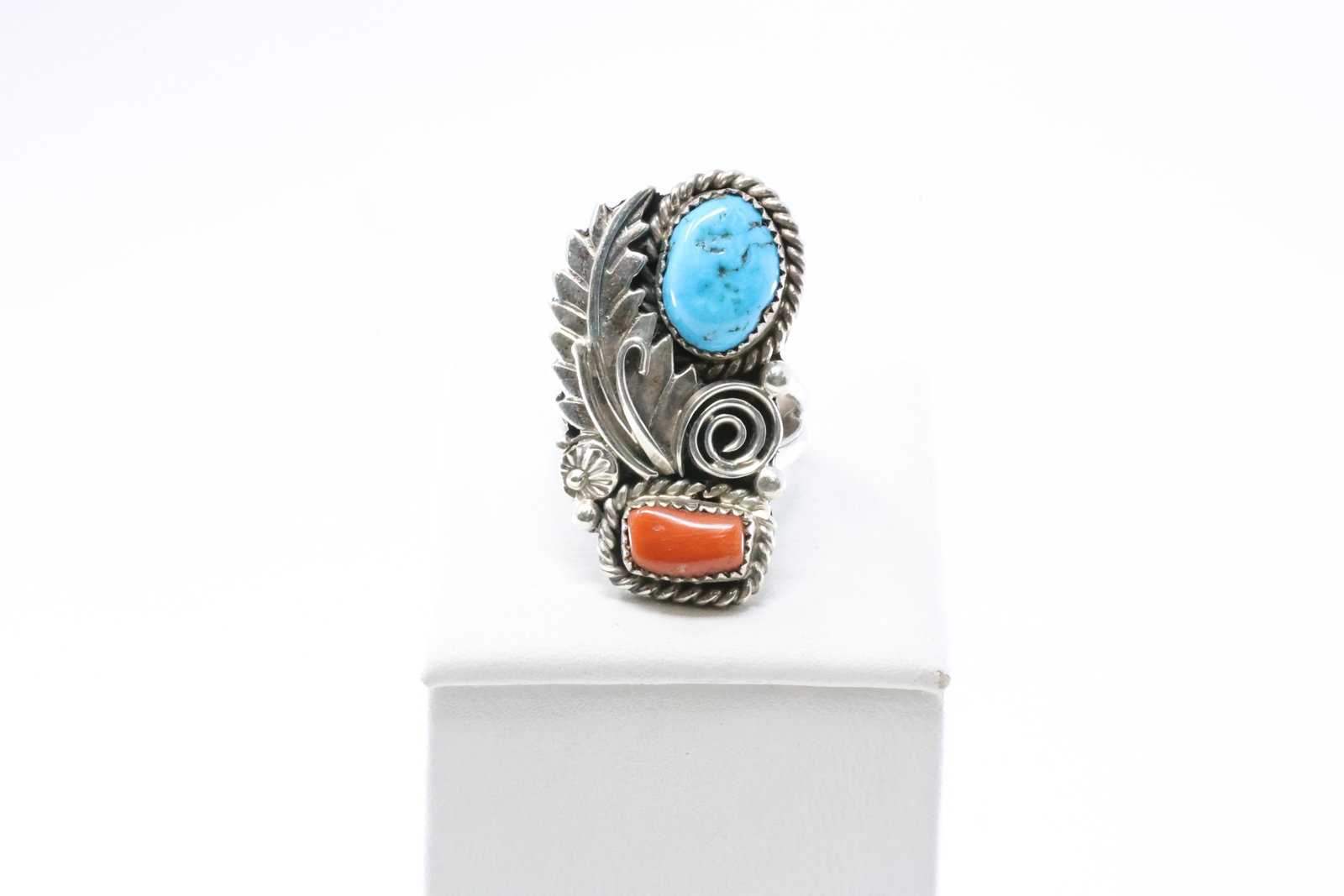 America Sterling Silver Coral & Turquoise Feather Ring. (1 of 4)