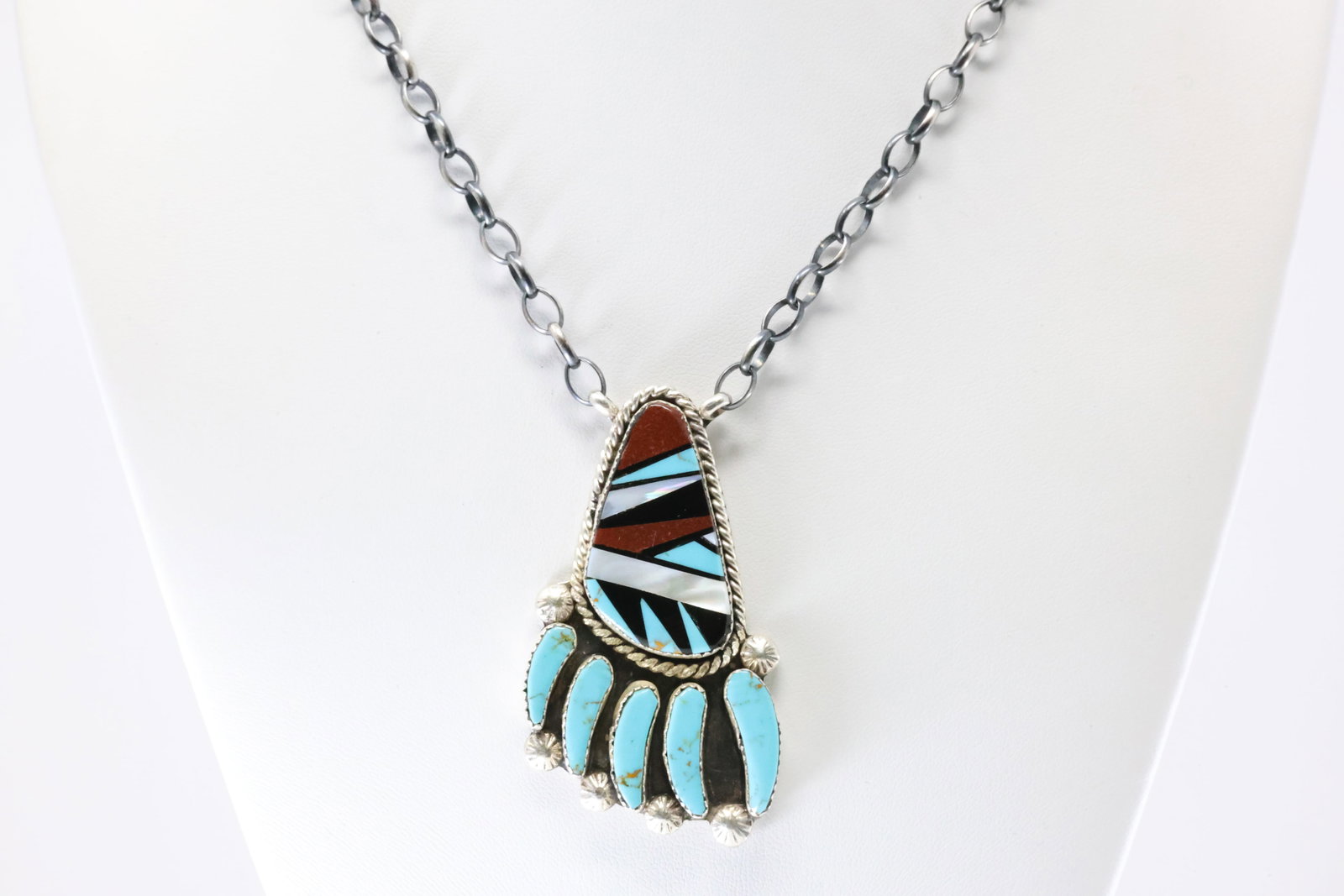 Native America Navajo Sterling Silver Multicolor Bear Paw Necklace By Ben Livingston. (1 of 4)