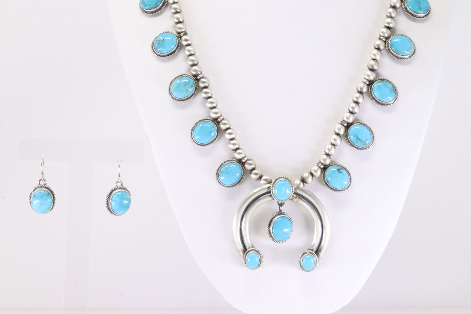 Native America Navajo Sterling Silver Turquoise Necklace & Earring's Set By T.: This is a Native America Navajo Sterling Silver Turquoise Necklace & Earring's Set By T. Stamp T. Necklace Length: 24.00.
