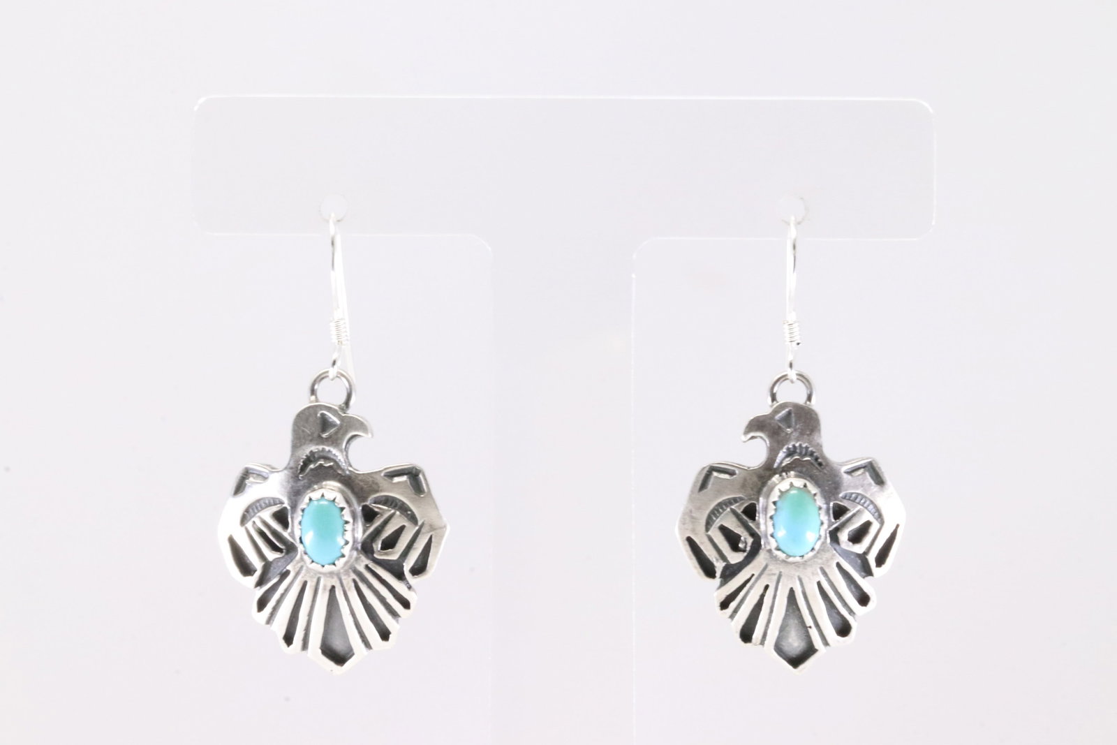 Native America Navajo Sterling Silver Turquoise Thunderbird Dangling Earring's By Genevieve: This is a Native America Navajo Sterling Silver Turquoise Thunderbird Dangling Earring's By Genevieve Francisco. From R.B Company. Stamp By R.B Company.