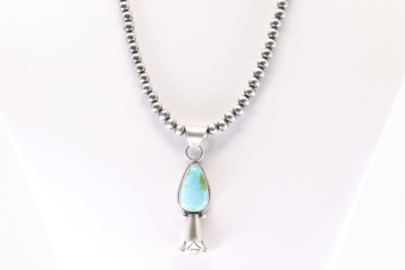 Native America Navajo Sterling Silver Sonora Gold Turquoise Pendant By Sharon Mc Carthy. With: This is a Native America Navajo Sterling Silver Sonora Gold Turquoise Pendant By Sharon Mc Carthy. With Machine Made Stearling Silver Pearl Beaded Necklace. From R.B Company. Stamp By R.B Company. Nec