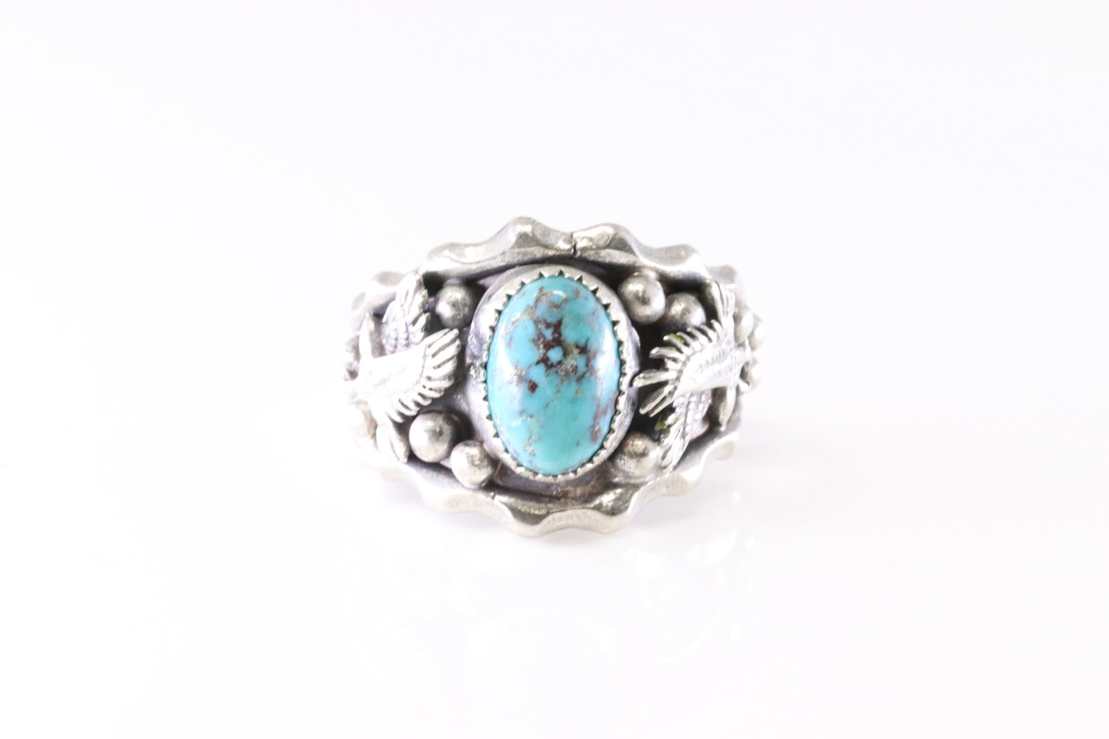 Native America Navajo Sterling Silver Turquoise Eagle Ring By Genevieve Francisco. From R.B Company.: This is a Native America Navajo Sterling Silver Turquoise Eagle Ring By Genevieve Francisco. From R.B Company. Stamp By R.B Company. Ring Size: 11.00.