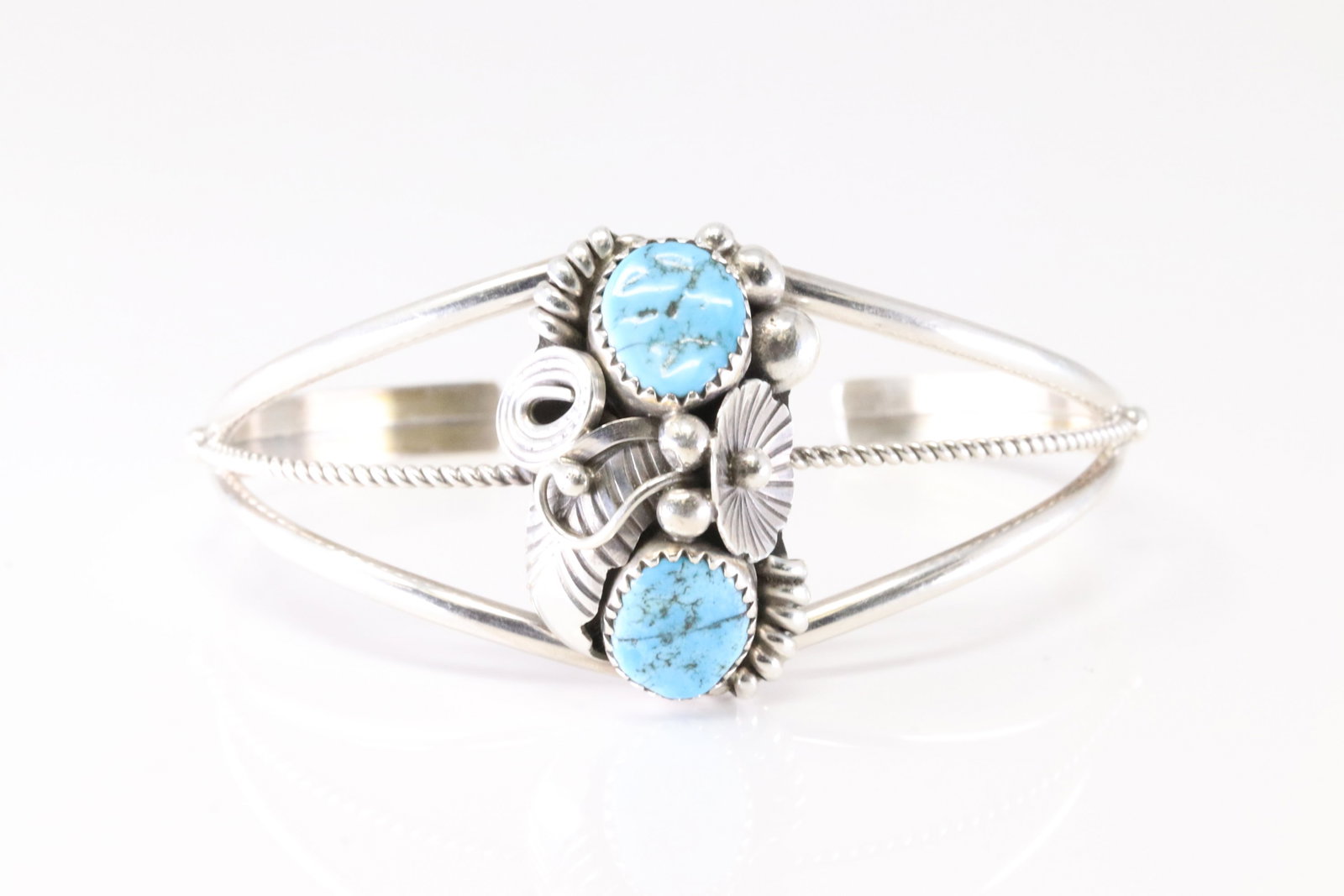 Native America Navajo Sterling Silver Turquoise Feather Bracelet Cuff By Max Calladitto. (1 of 4)