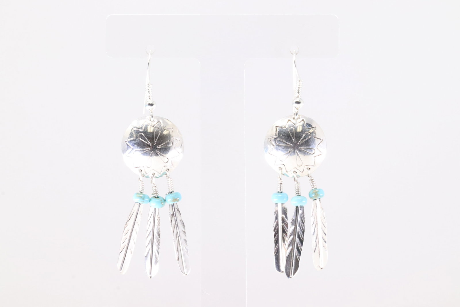 America Sterling Silver Turquoise Feather Dangling Earring's. (1 of 4)