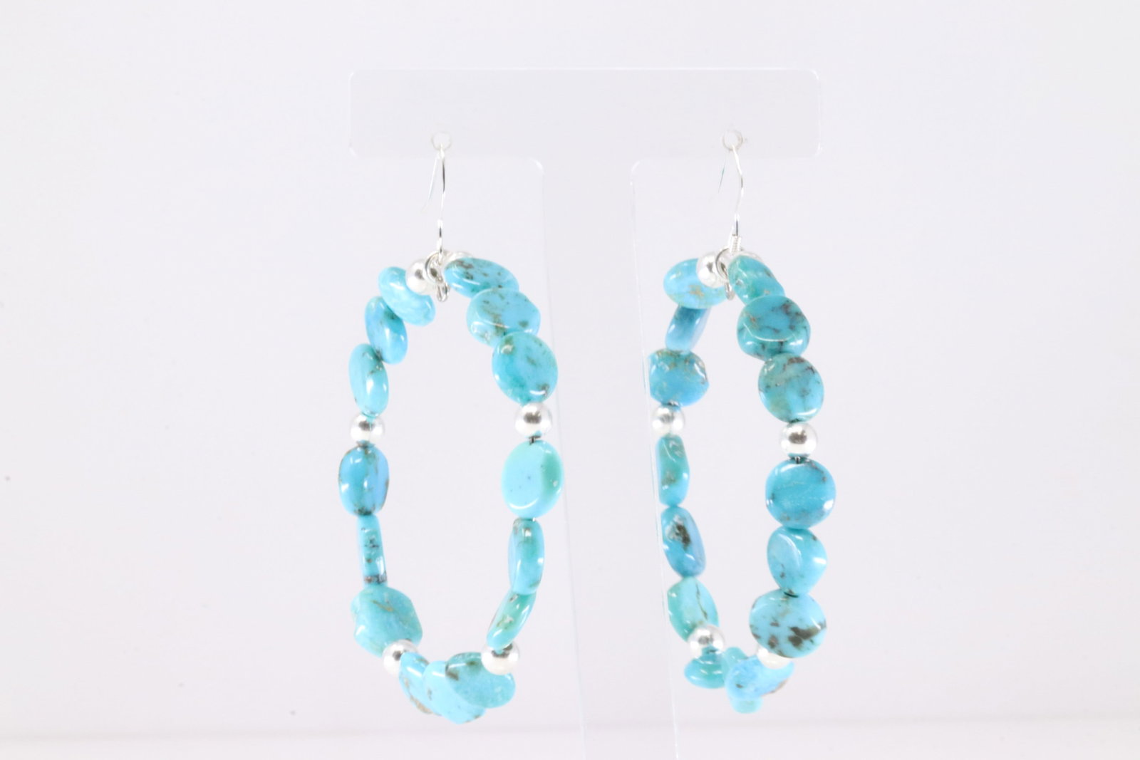 America Sterling Silver Turquoise / Pearl Beaded Hoop Dangling Earring's.: This is a America Sterling Silver Turquoise / Pearl Beaded Hoop Dangling Earring's.