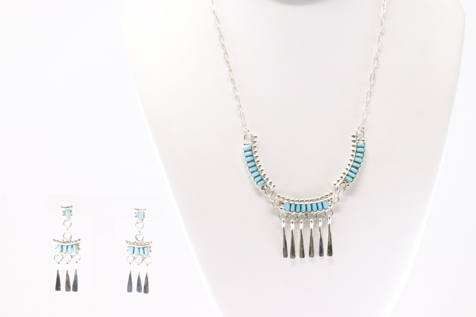 Native America Zuni Sterling Silver Turquoise Inlay Necklace & Earring's Set By Lucy Sheyka. (1 of 6)