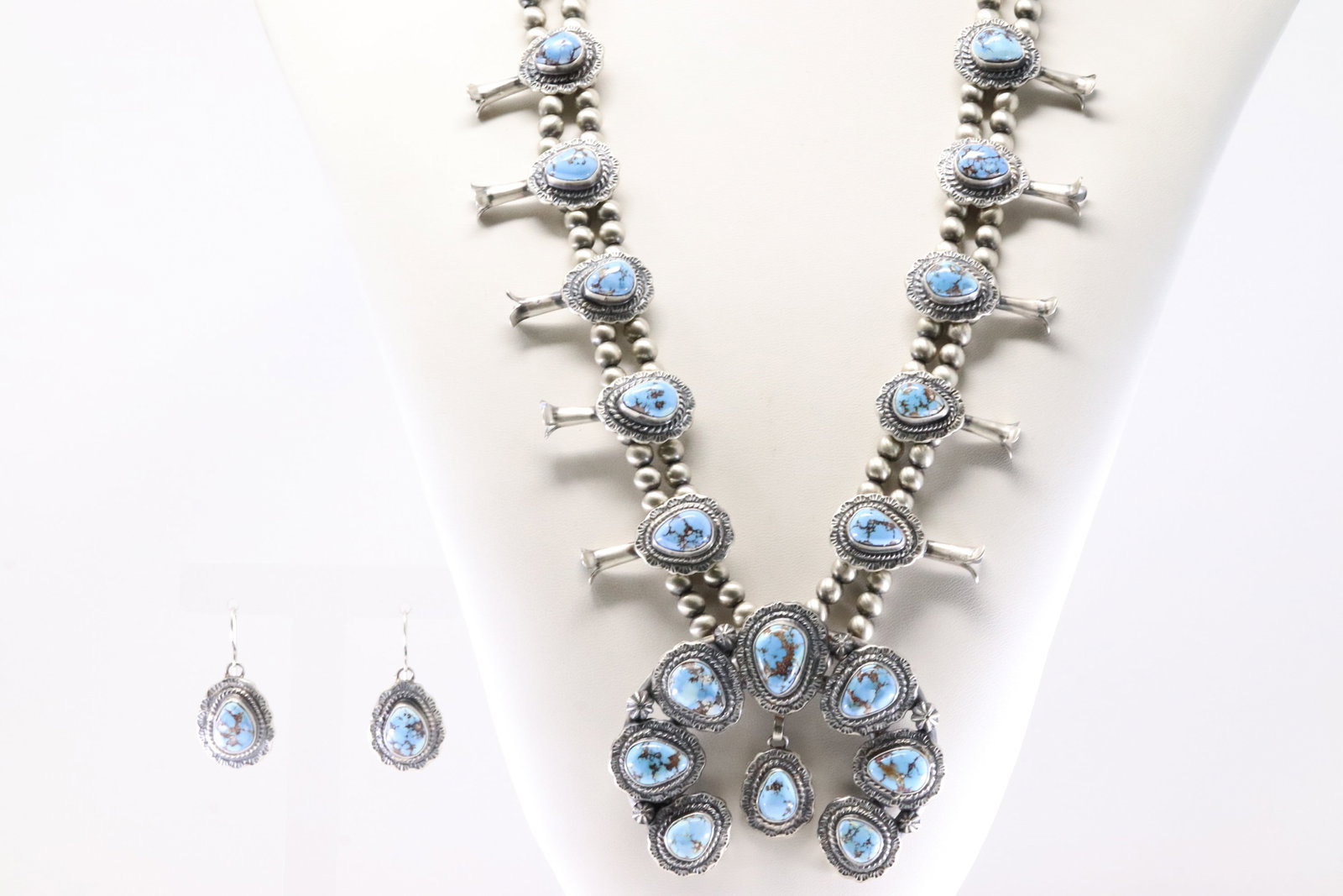 Native America Navajo Sterling Silver Golden Hill Turquoise Squash Blossom Necklace & Earring's Set (1 of 7)