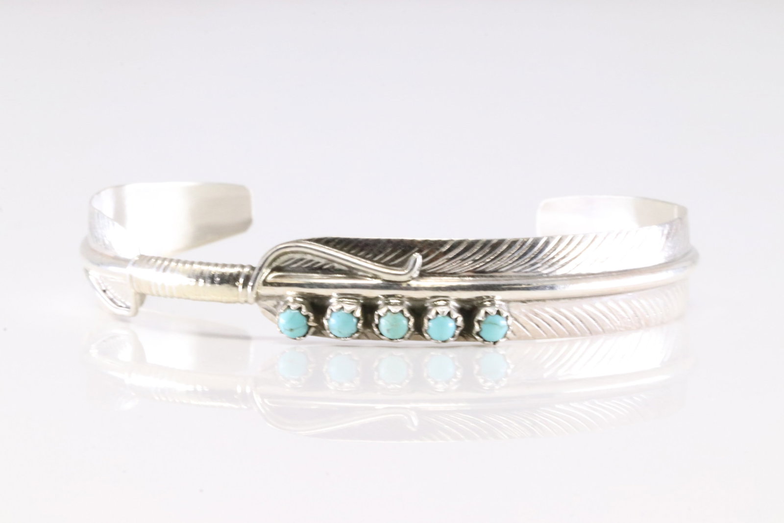 Native America Navajo Sterling Silver Turquoise Feather Bracelet Cuff By Aaron Davis. (1 of 4)