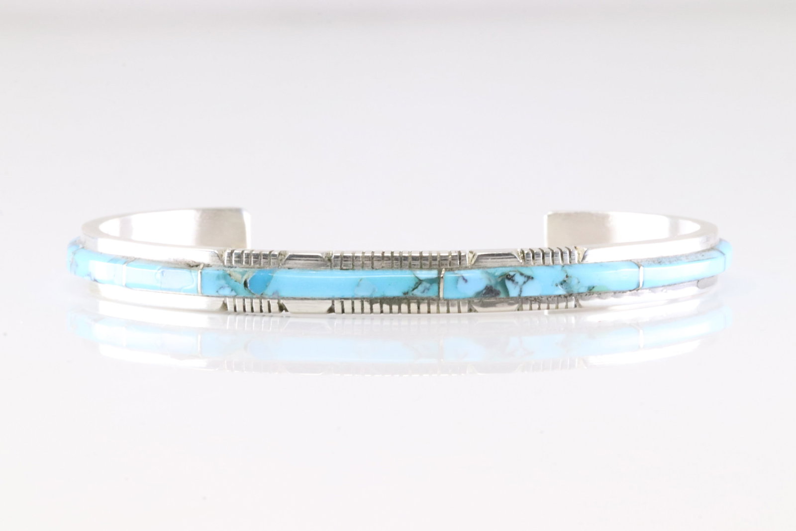 Native America Navajo Sterling Silver Kingman Turquoise Inlay Bracelet Cuff By S.F. (1 of 4)